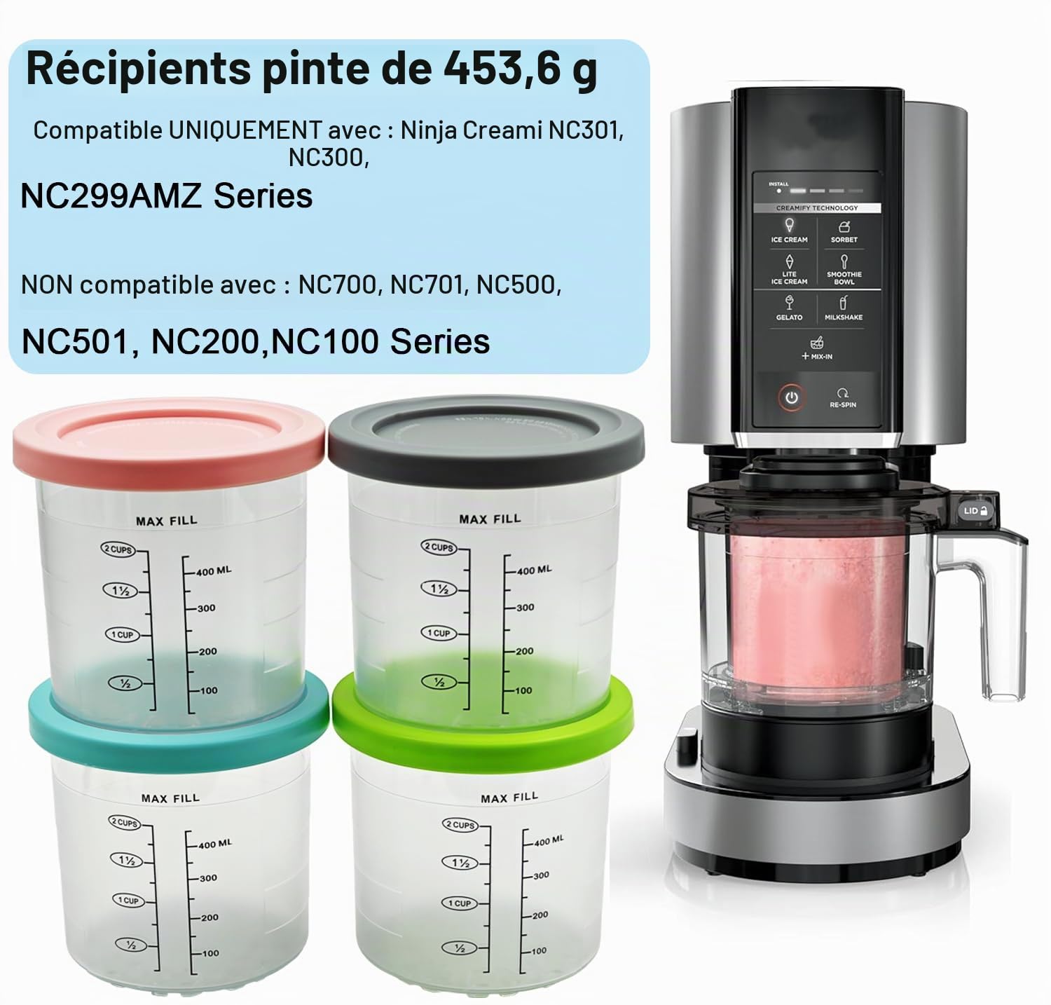 Lot de 4 bacs à crème glacée compatibles avec les machines à crème glacée Ninja CREAMi NC300UK NC300UKCO NC300UKCP NC301 NC299AMZ Series pour Ninja Creamy Pint Récipients de rechange avec couvercles