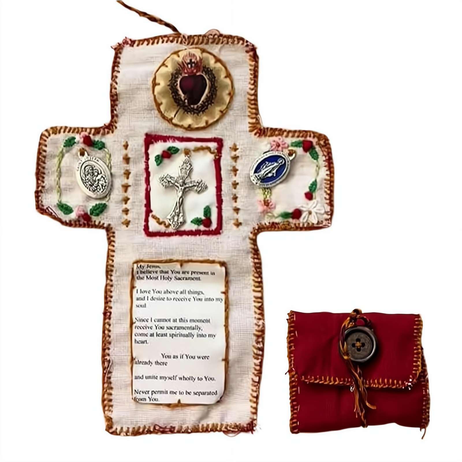 Handmade Catholic Pocket Shrine - Silver Cross Inside, Embroidery, Portable Devotional Altar, Prayer Gift