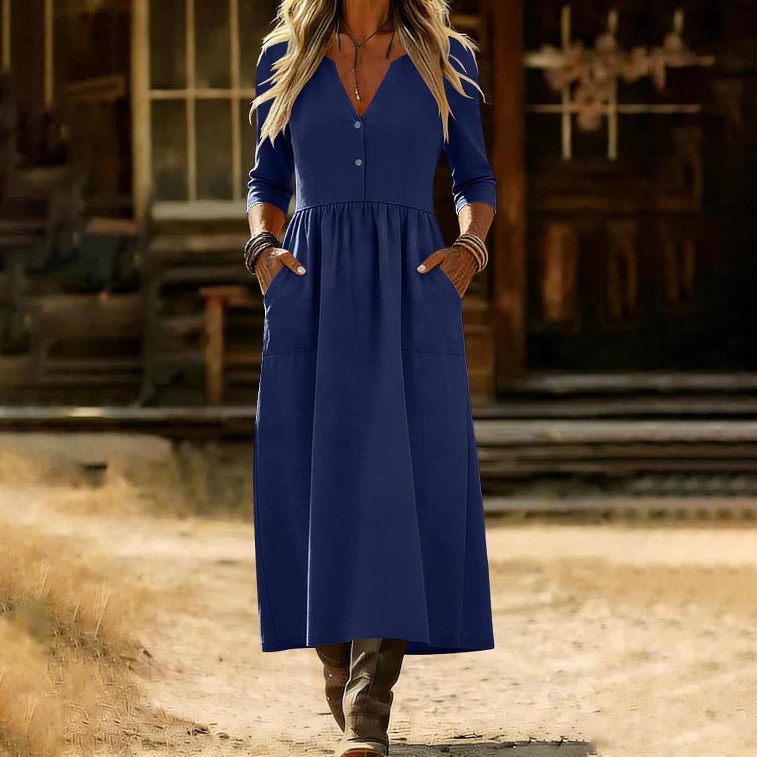 Womens Summer Cotton Linen T Shirt Dress Casual Loose Dresses V Neck Button Up Dress 3/4 Sleeve Maxi Dresses with Pockets - Image 3