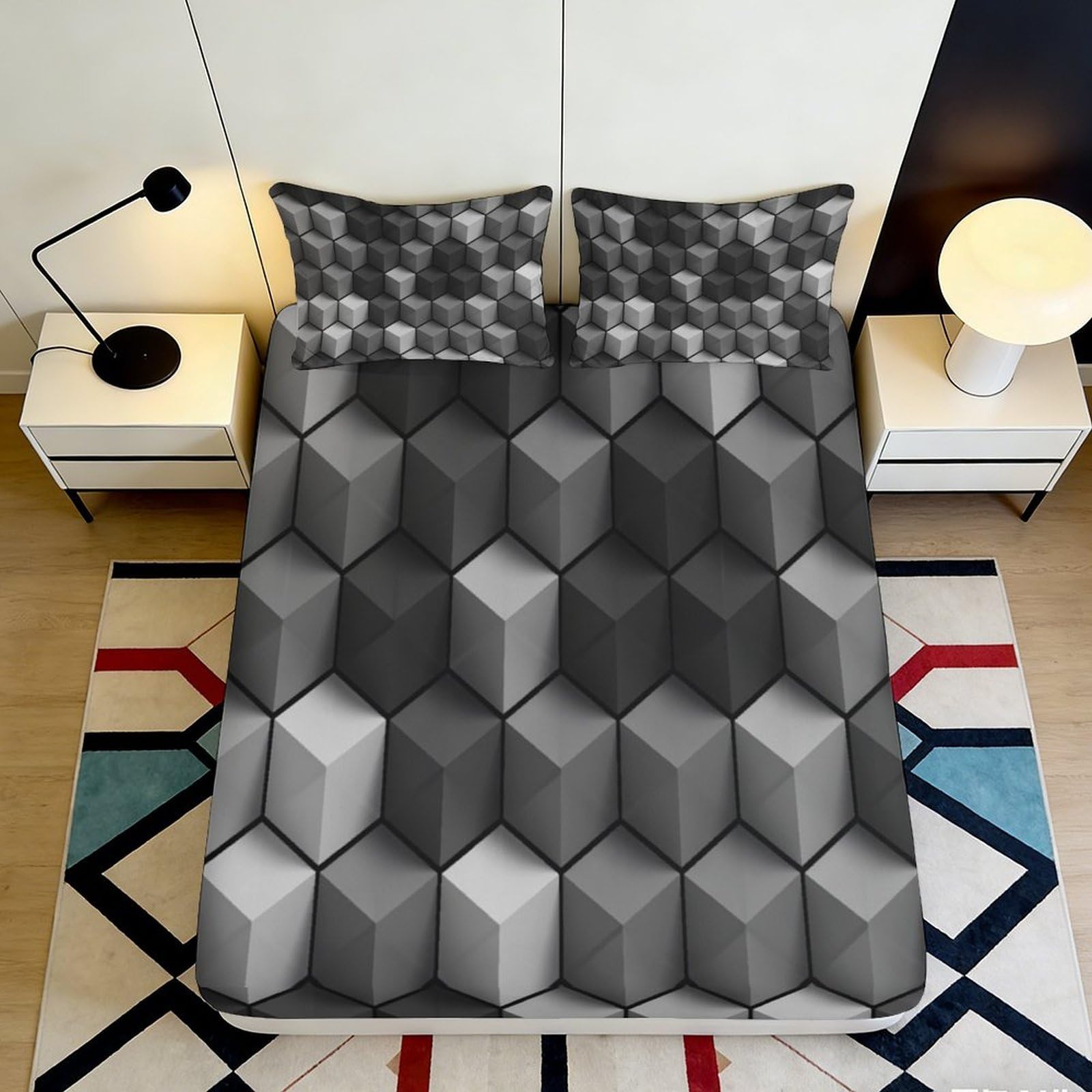 Jqzkxnhpbr Style-9 3D Printed Geometric Cube Fitted Sheet Microfiber Soft Grey Hexagon Bed Sheet For Bedroom Guest Room Mattress Protection Decor 90X200x25cm