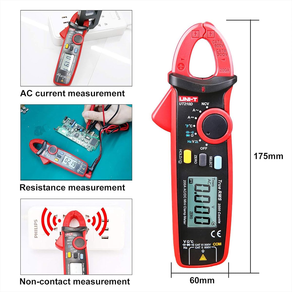 UNI-T UT210D Serie UT210 Mini-Klemme, 200 A AC/DC, 600 V AC/DC, 60 kHz, -40 °C - 1000 °C/-40 °F-1832 ° F