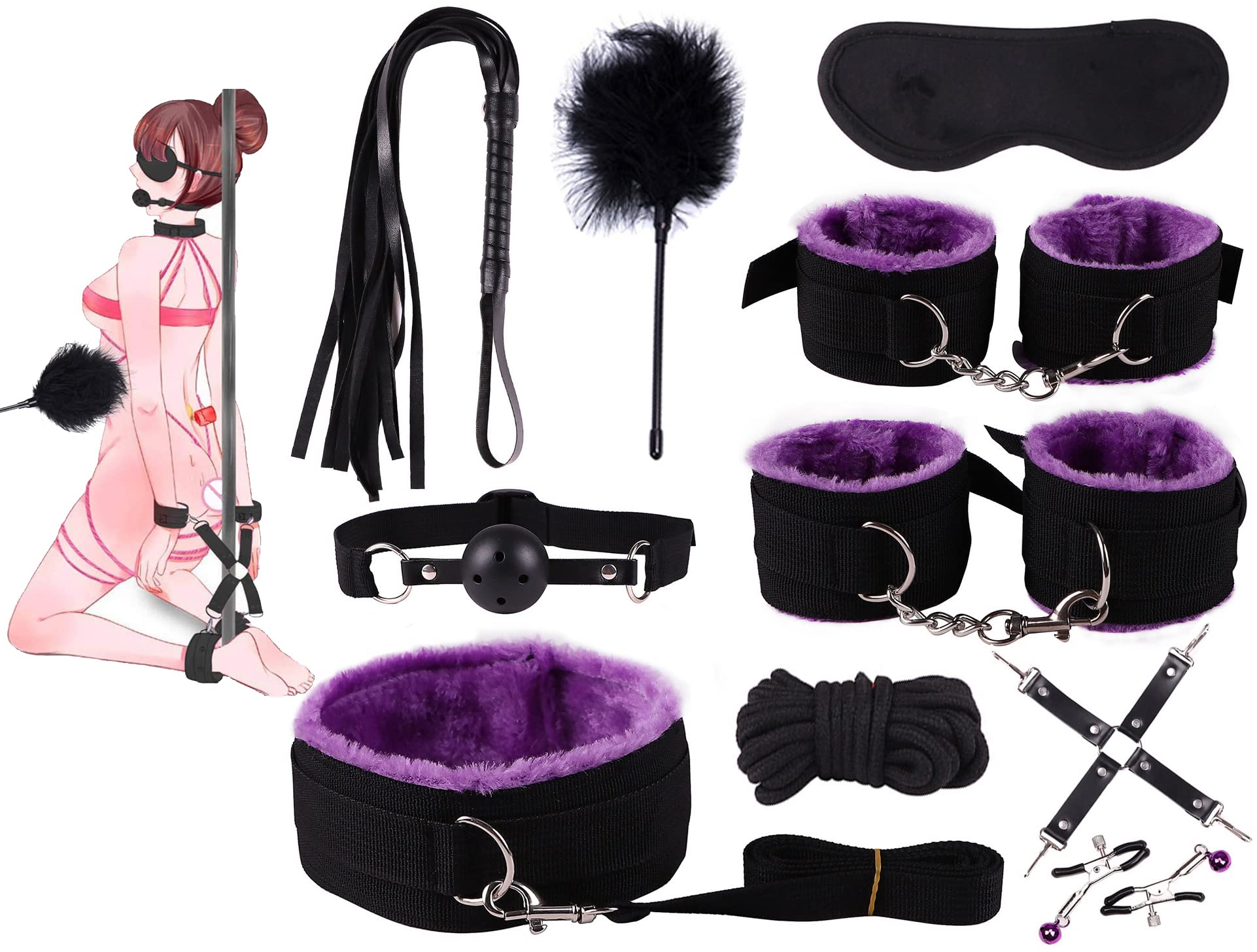 Ensemble séduisant de 10 pièces en nylon violet avec plumes