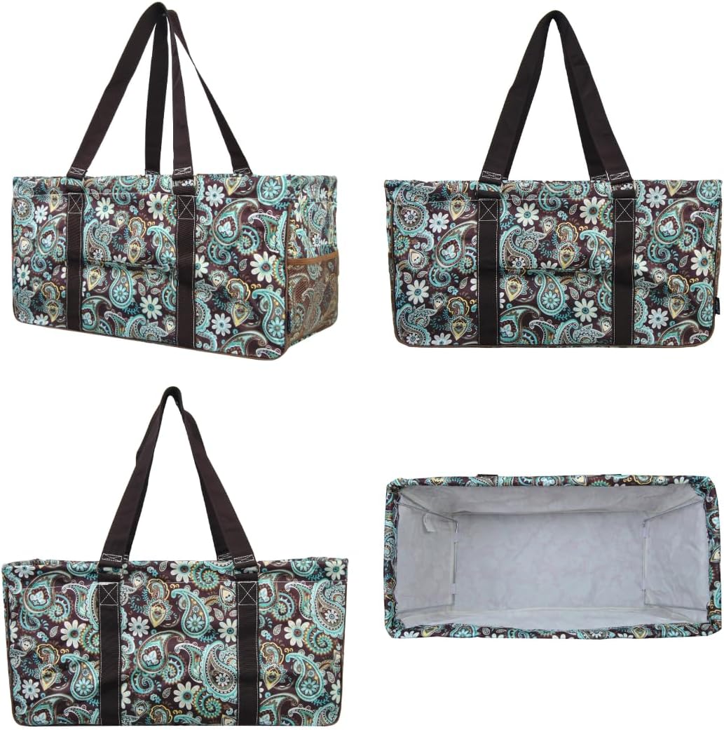 NGIL Extra Large Utility Tote Reusable Grocery Organizing Bag Oversized Collapsible for Storage, Picnic,Car, Beach (Teal Paisley-Brown)