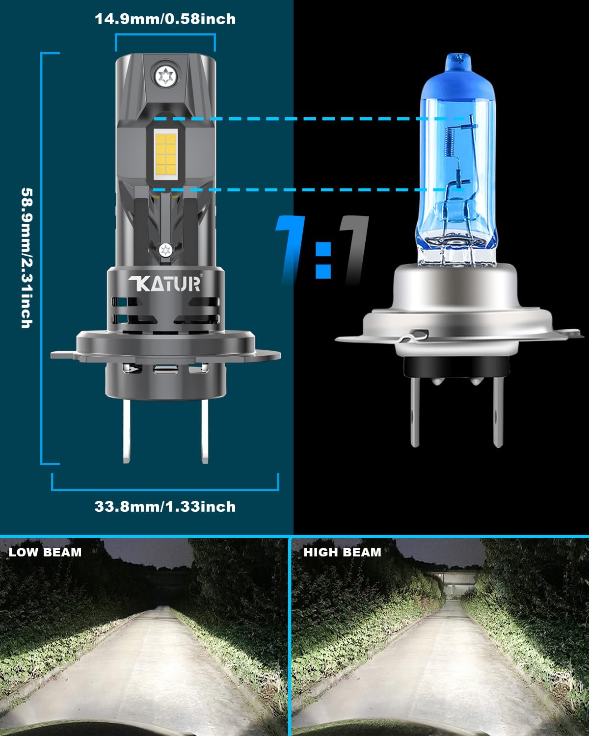 Żarówka H7 LED 30000LM, KATUR 6000K Biała 100W Żarówka H7 LED do Samochodu, Plug and Play Rozmiar 1:1 (Pakiet 2 szt.)