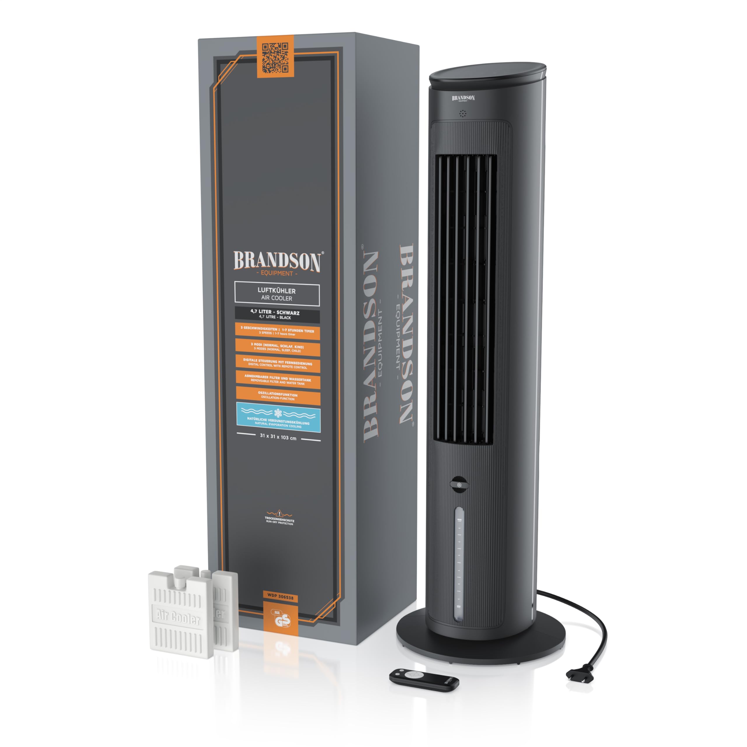 Brandson - Turmventilator mit Wasserkühlung - Preisträger 2026 - Verdunstungskühler - Luftkühler - Ventilator - mobile Klimaanlage ohne Abluftschlauch - 5 in 1 - leise - 4,7 L Wassertank - schwarz