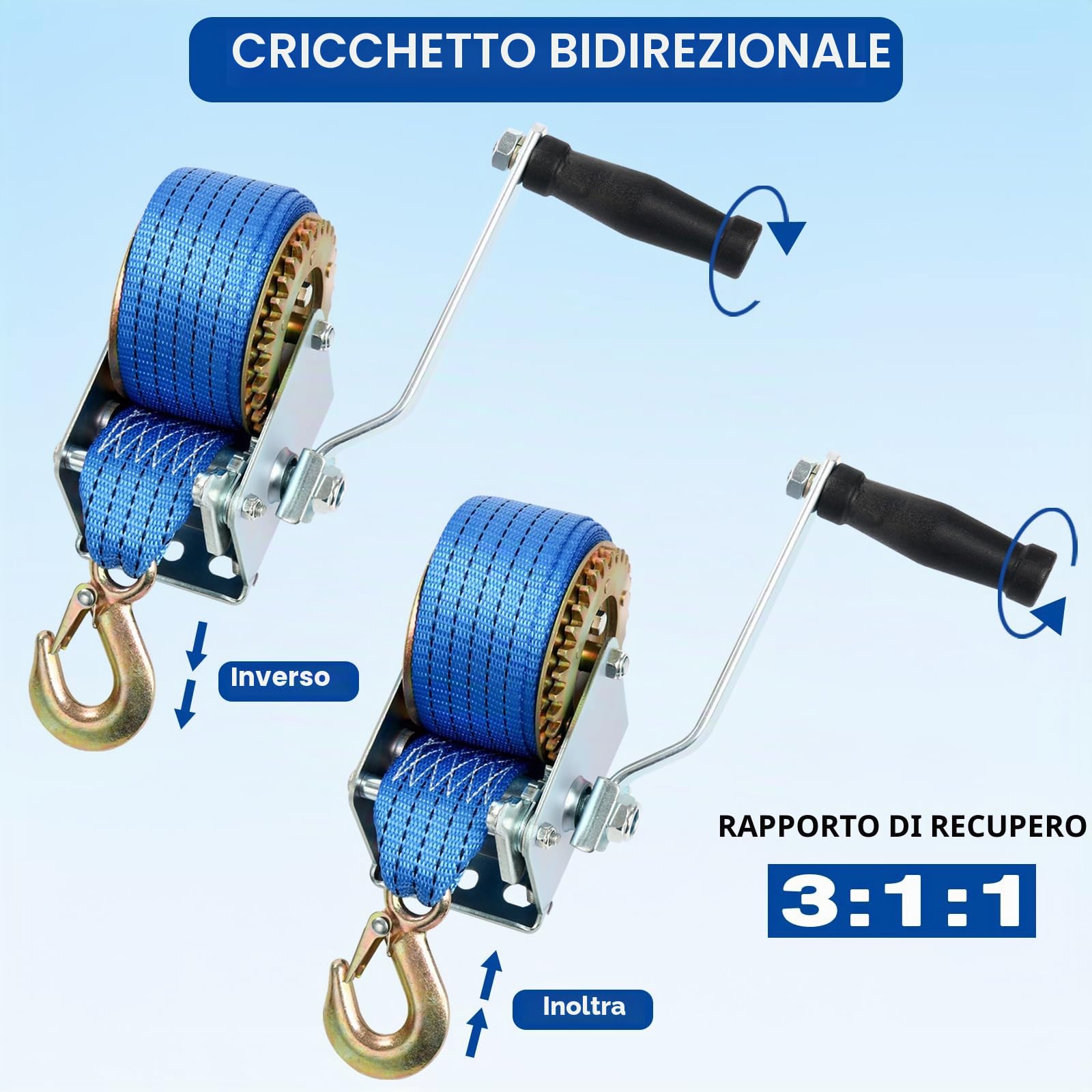 FreeTec Verricello Manuale con Cinghia 453 kg (1000lbs) con Cinturino da 8m, Argano Manuale a Fune Verricello Manuale per Rimorchio Camion Auto Caravan