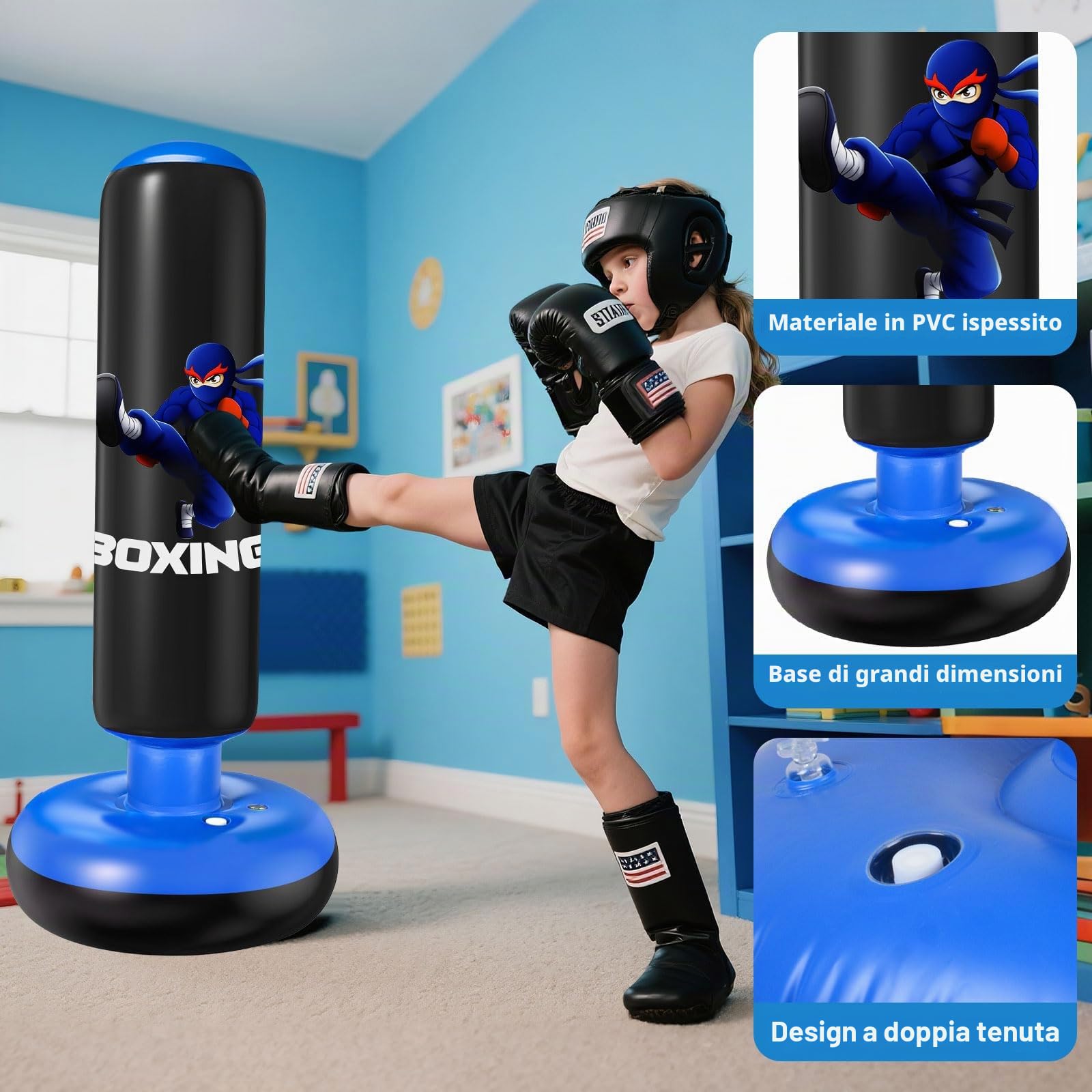 Qoosea Sacco da Boxe per Bambini, Stabile Pungiball Bambini Gonfiabile con Guantoni da Boxe, per Pratica di Taekwondo Karate MMA, Sacchi da Boxe Gonfiabile per 3-12 Ragazzi Ragazze