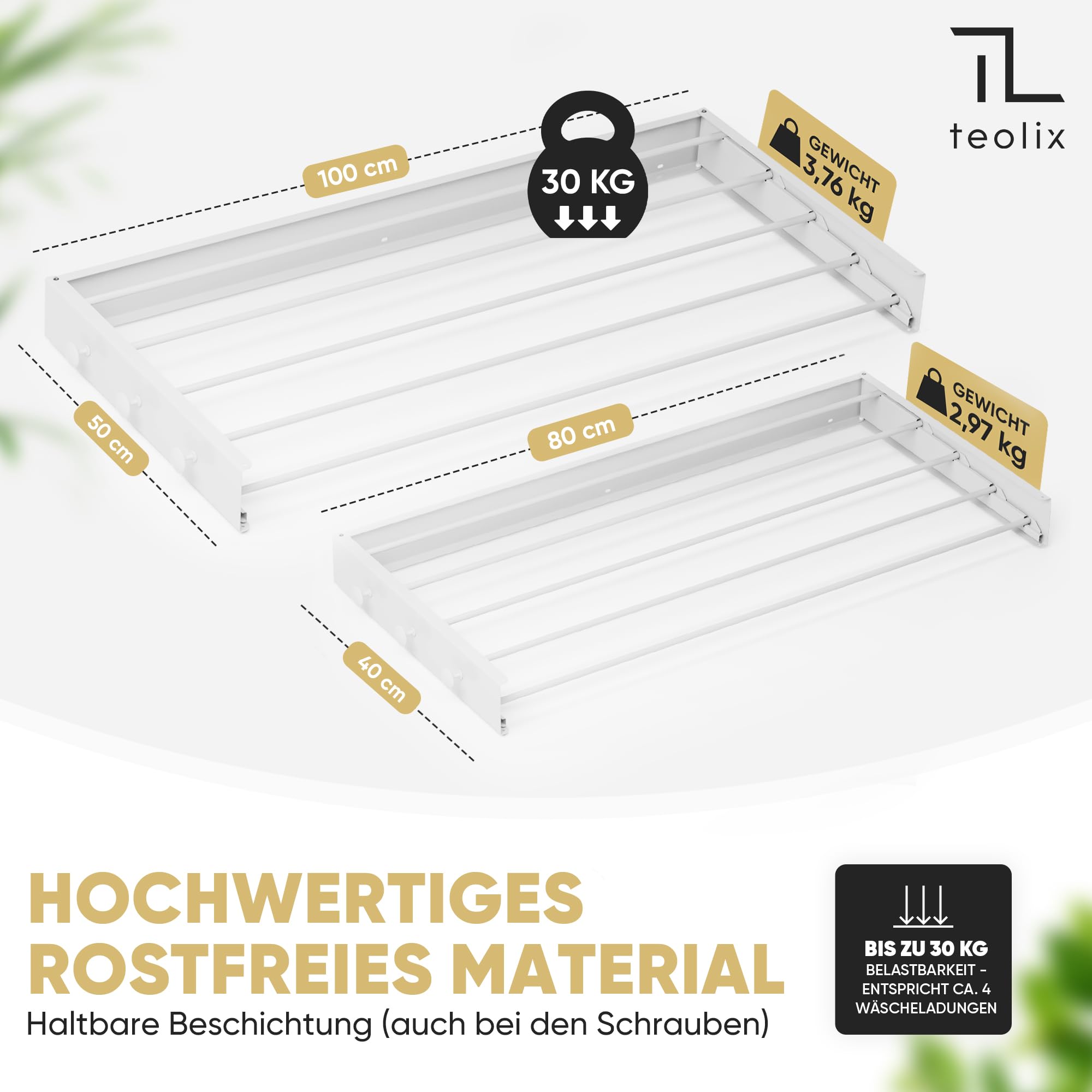Wäscheständer Wandmontage [2in1 mit extra Kleiderhaken] Ausziehbar und Platzsparend | Wäschetrockner Klein für Wand | Clothes Drying Rack Zeitlos Praktisch - (Weiß, 100cm)