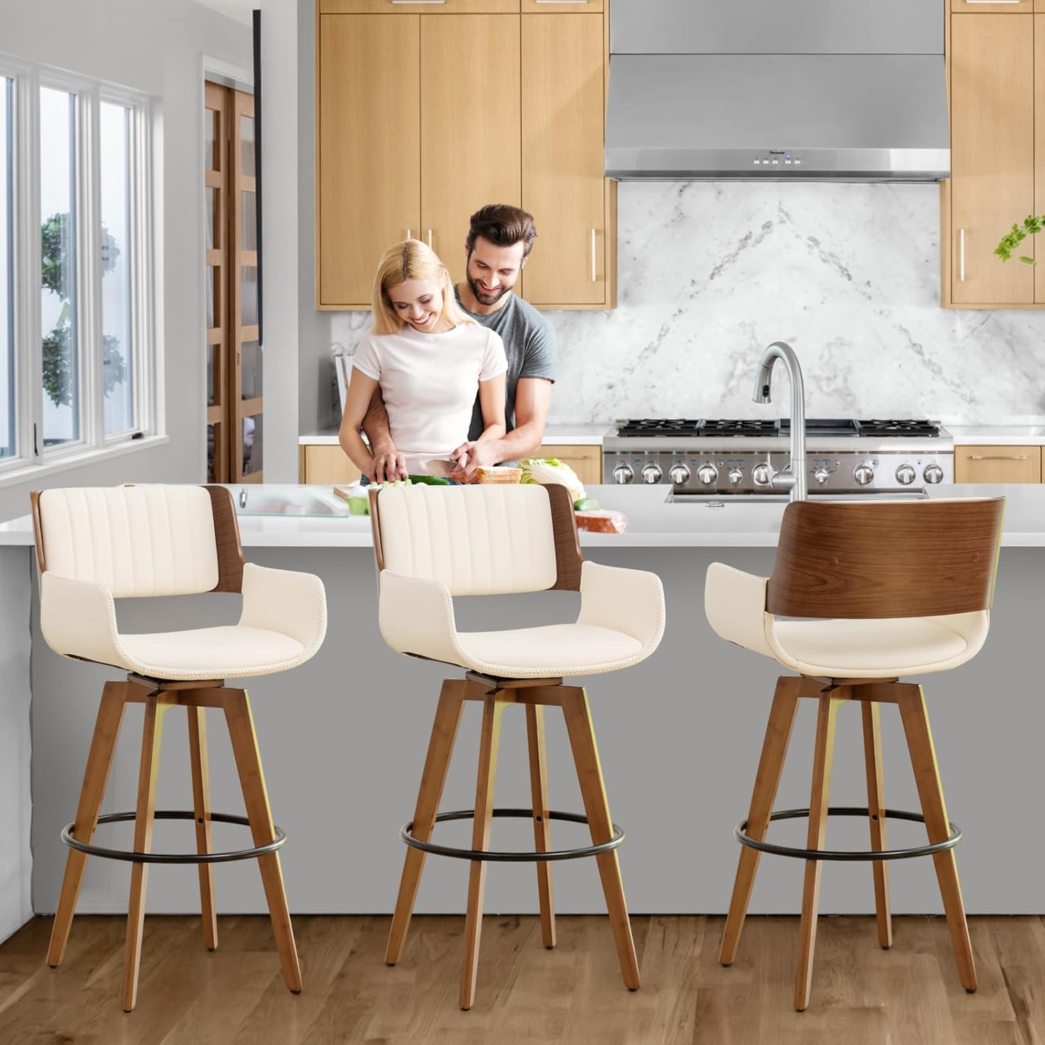 MEKLIBA Beige Bar Stools Set of 2, 30 Inch Bar Stools Bar Height,Swivel Barstool with Backs and Arm Rest，Faux Leather Bar Chairs, Mid Century Modern Stools for Kitchen Island