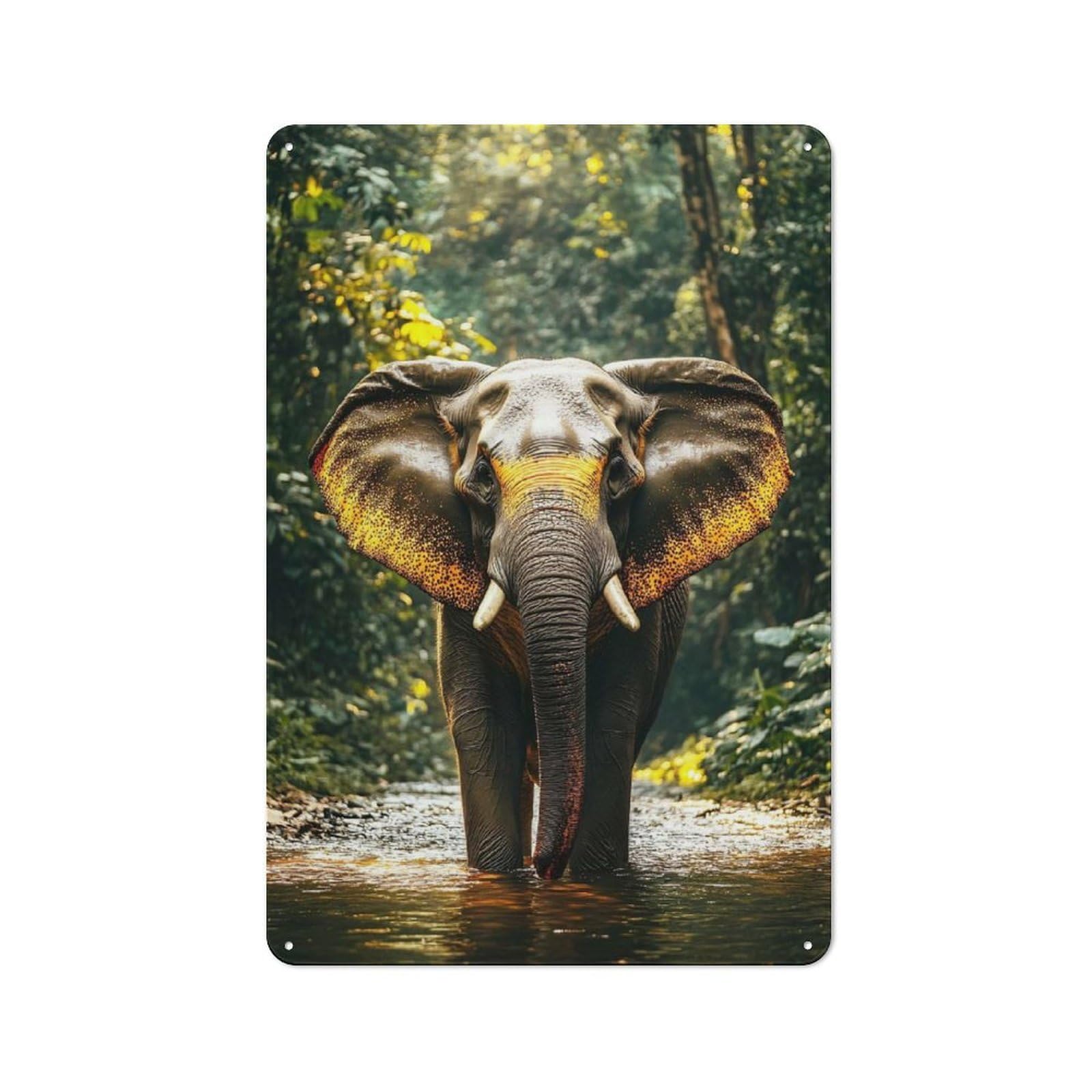 Junmoney Style-7 Metal Plaque With Elephant In Jungle River Design 30X20cm, Retro Kitchen Wall Decor For Bakery, Diner, Cafe Or Family Room