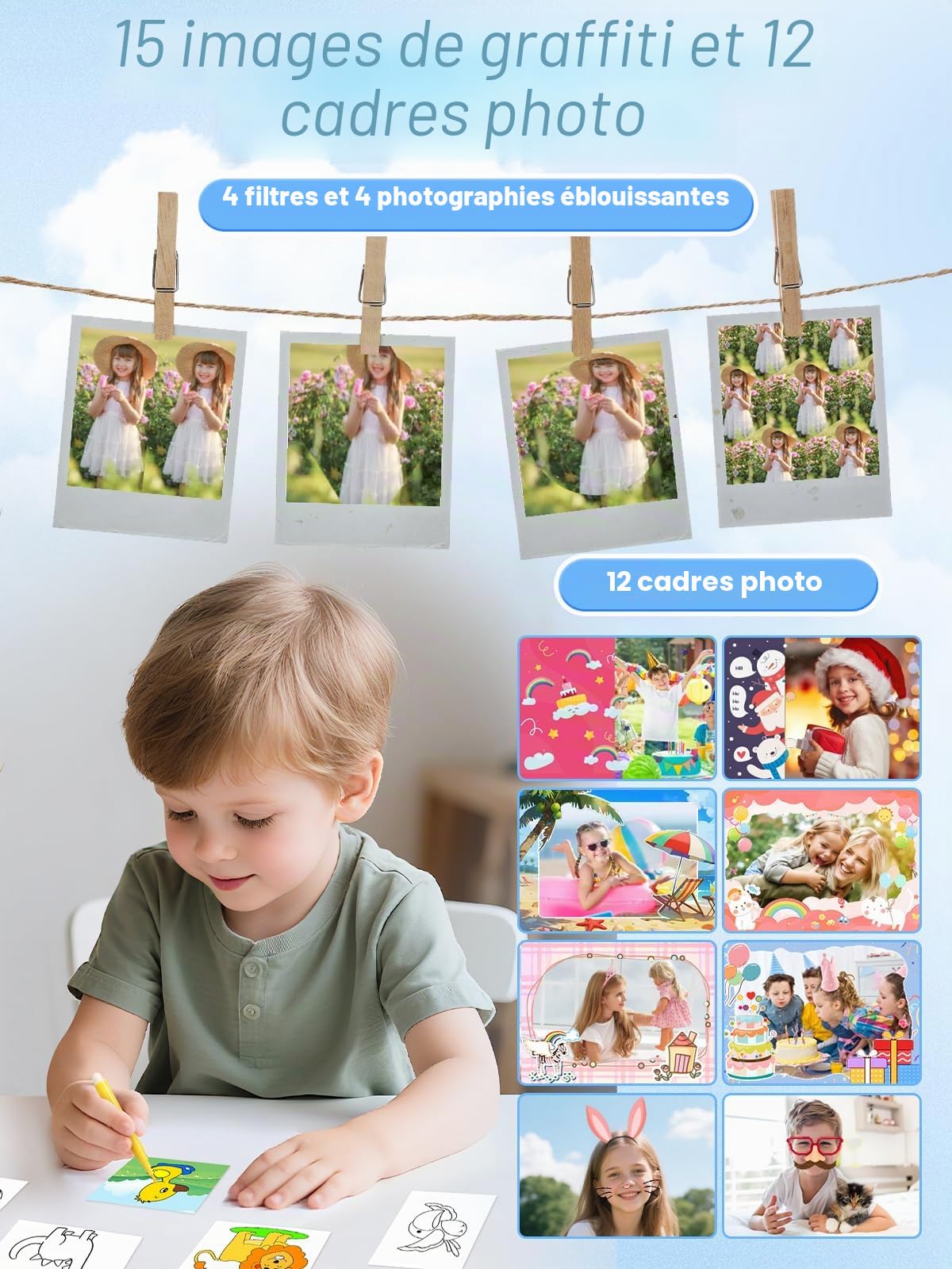 Appareil Photo Enfant, 48MP 2.4” IPS L'écran Mini Appareil Photo Numérique DIY Photos Vidéo, 1080P HD avec 32G TF Carte Longe, Cadeau Jouet Filles Garçons de 3 à 12 Ans