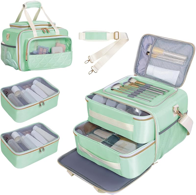 Necessaire de maquiagem TANPADUAJI com compartimentos e estojos removíveis verde