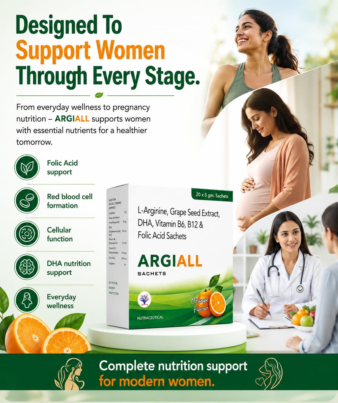 L-Arginine Sachets 3gm with DHA, Grape Seed Extract, Folic Acid, Vitamin B6 & B12 | Sugar Free Orange Flavour Energy & Circulation Drink Mix | Supports Blood Flow, Fatigue, Pregnancy Nutrition & Heart Wellness | 20 Sachets — Amazon image 6