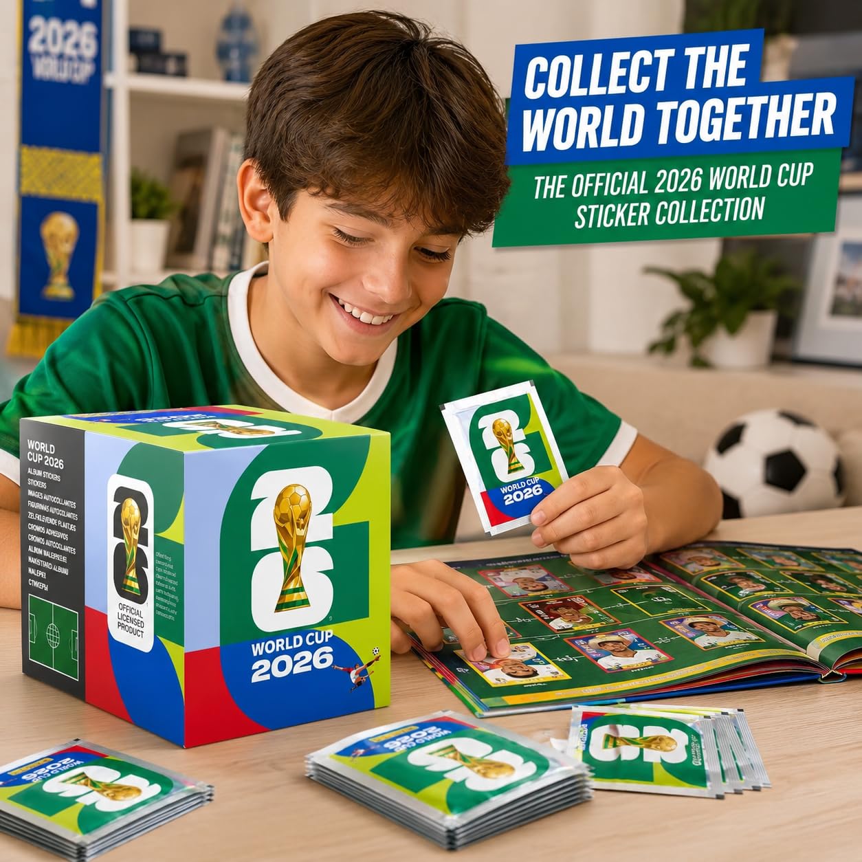 Fußball Sticker 2026, Box mit 50 Stickertüten, 350 Stickern zum Sammeln und Tauschen, Geschenkidee für Fußballfans und Sammler
