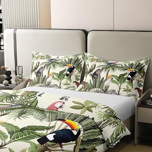 Miniatura 4 de Juego de funda de edredón de algodón 100% natural con diseño de pájaros salvajes, tamaño individual, acuarela, palmeras, plantas tropicales, súper