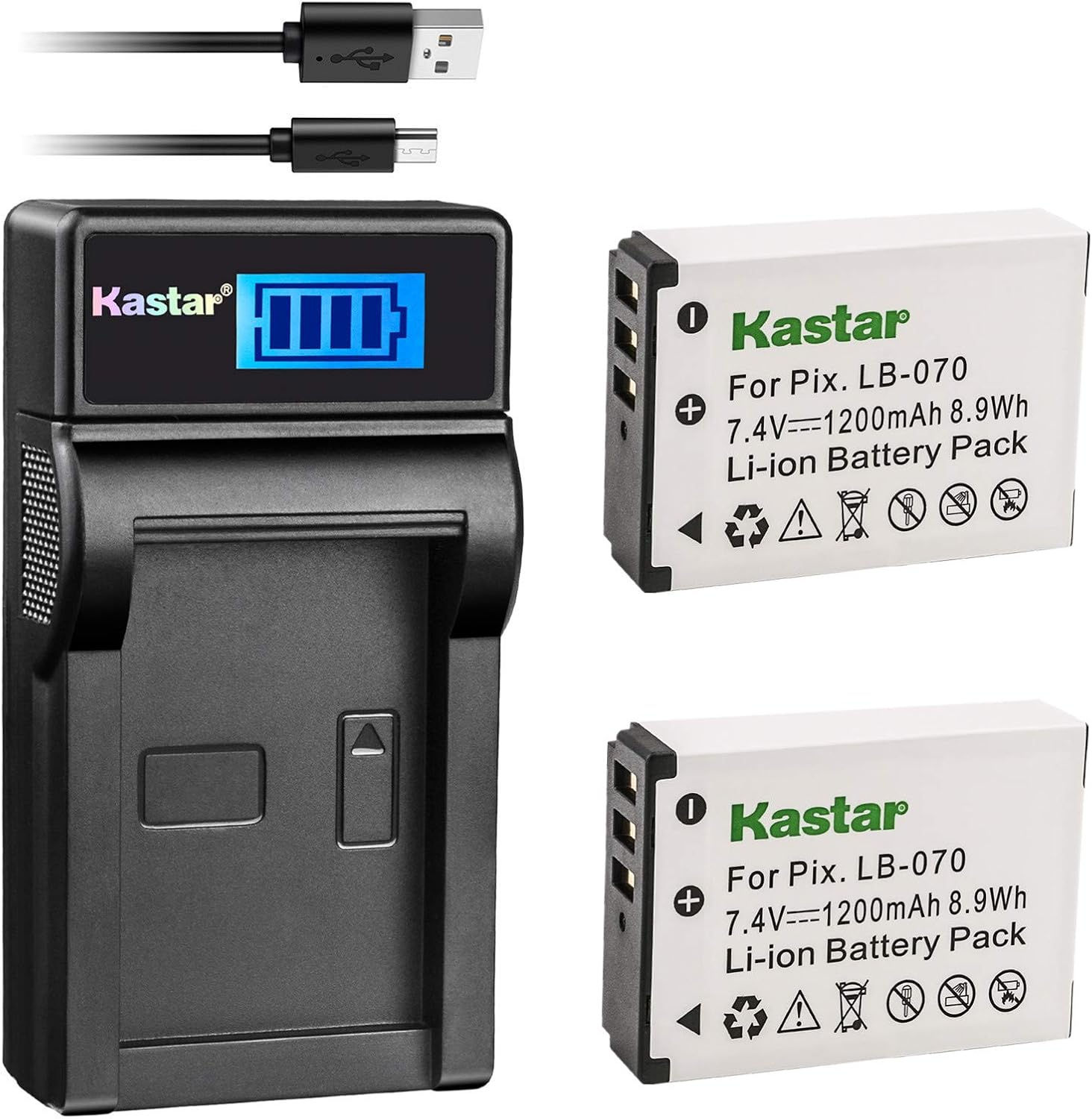 Kastar 2-Pack Battery + LCD USB Charger for LB-070 LB070 Battery and AZ651, AZ651 AZ652 Astro, AZ901, S1, S-1, MN67Z Camera