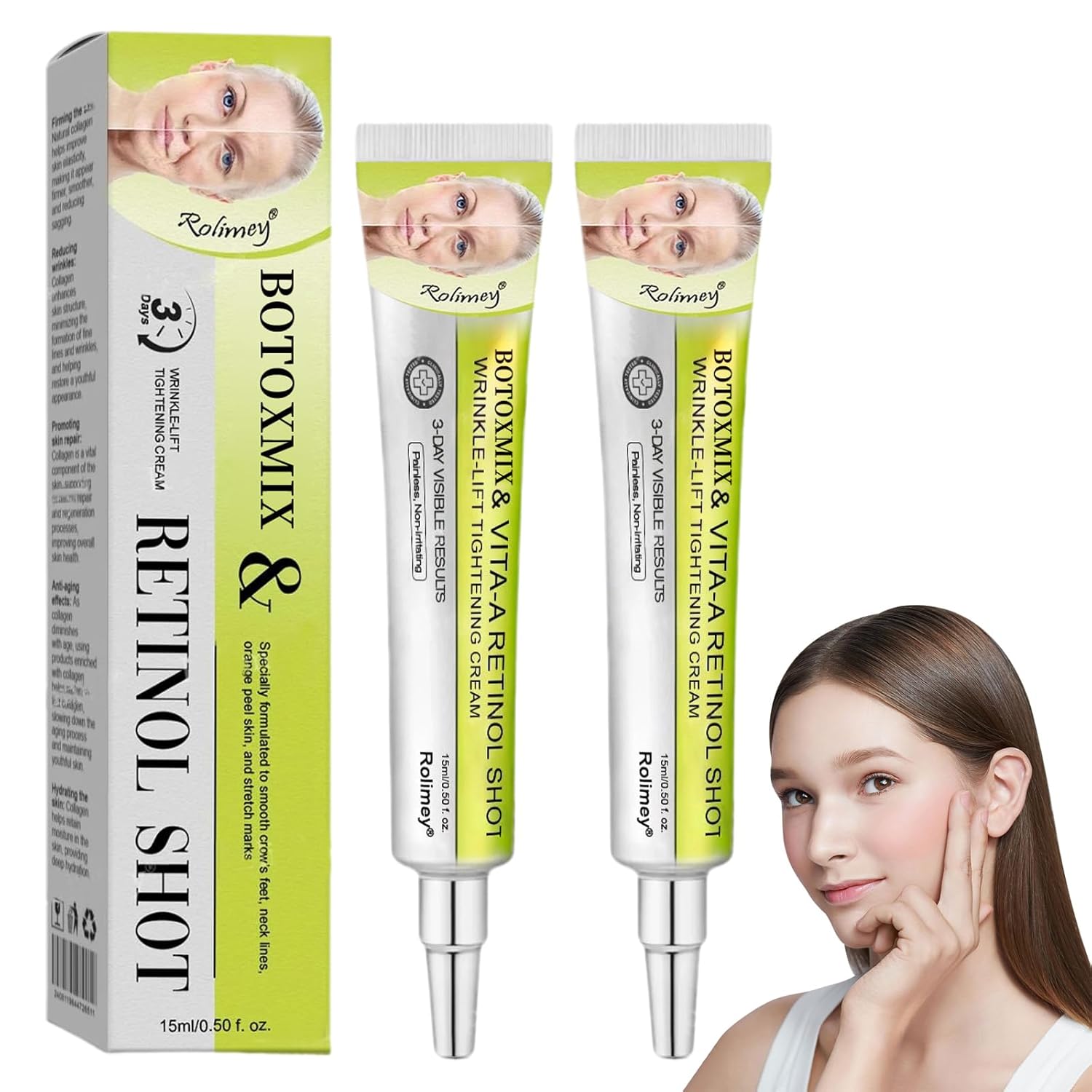 Rolimey Botoxmix & Vita-A Retinol Shot Wrinkle-Lift Tightening Cream, Advanced Retinol Body Lotion, Anti Wrinkle Cream - Natural Pore Minimizer, Wrinkles & Fine Lines for All Skin (2 Bottle)