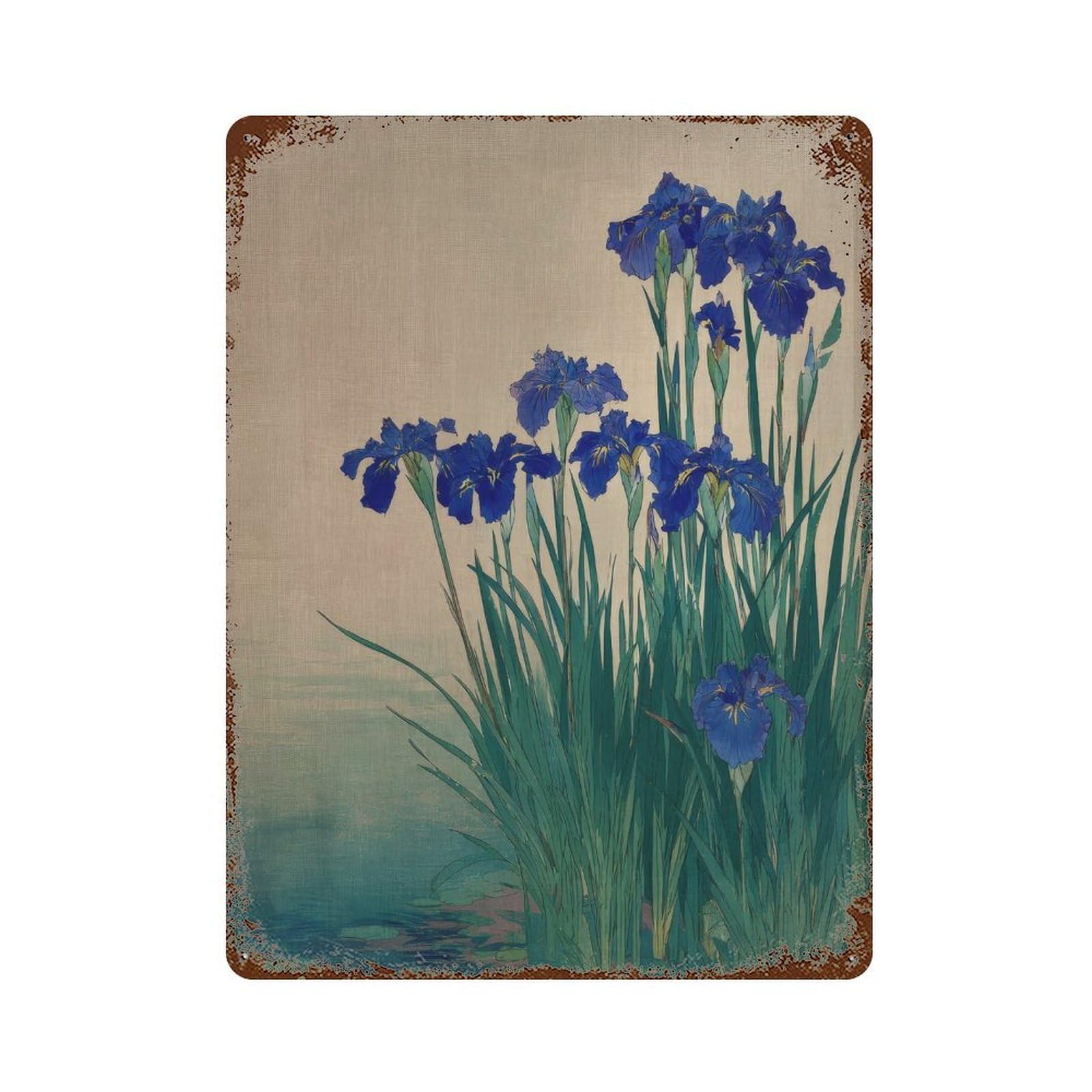 xiaoxiaoshen Blue Iris Flowers. Japanese Traditional Botanical Wall Decor Art Metal Tin Poster Modern Home Decor Art Home Bar Shop Decorations Vintage Sign 40x30cm