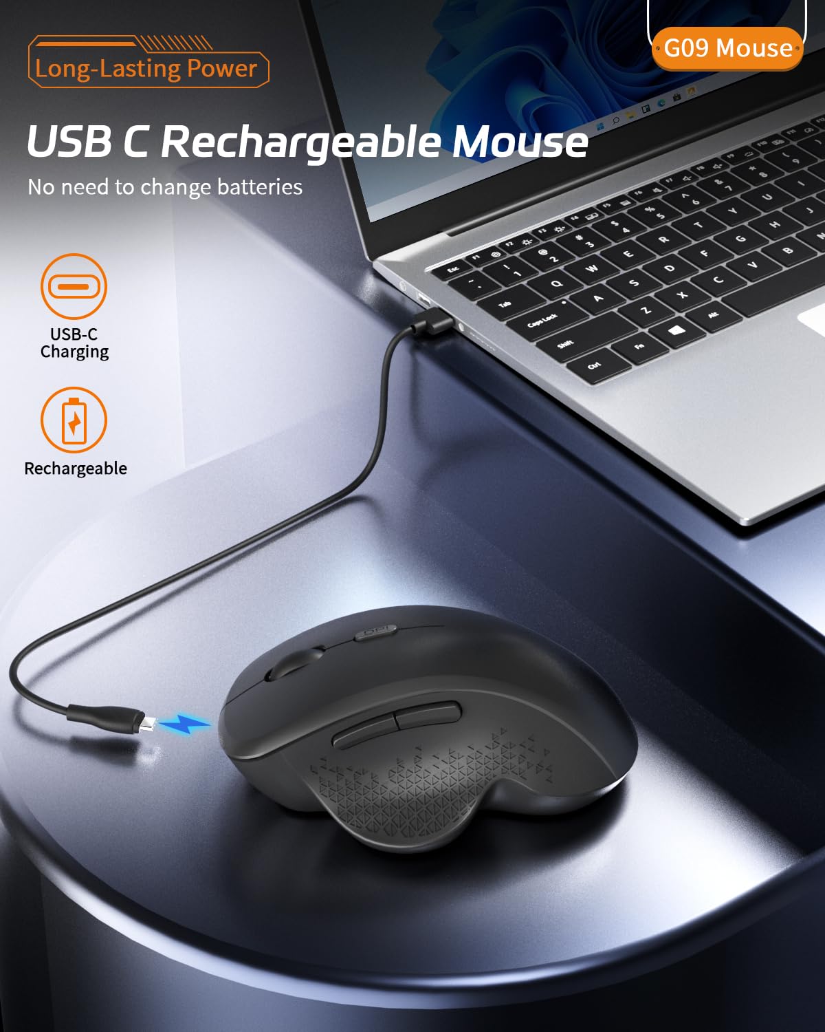 Uiosmuph G09 Ratón Inalámbrico Bluetooth, Bluetooth 5.1+2.4G Recargable Wireless Mouse, Silencioso Ergonómico Ratón con 3 Niveles de Adjustables 1600 dpi para Portátil, MacBook, PC, Windows (Negro) — view 3