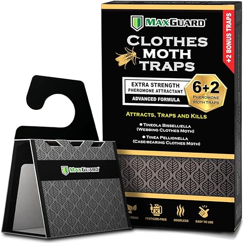MaxGuard Trampas para polillas de ropa (6+2 trampas libres) con feromonas extra fuertes, trampa de pegamento adhesivo no tóxico para armarios y