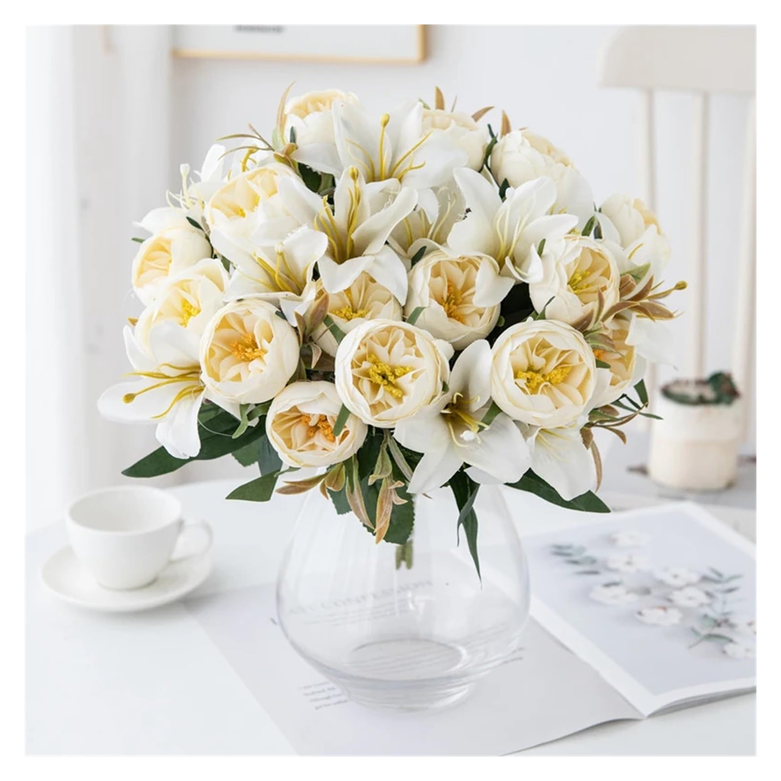 Prawie naturalne Jedwabne Sztuczne Kwiaty Piwoni Lilii Kombinacja 9 Widelców Do Bukietu Ślubnego Ślubnego Girlandy Festiwalowe Wystrój Domu sztuczne kwiaty(WHITE)
