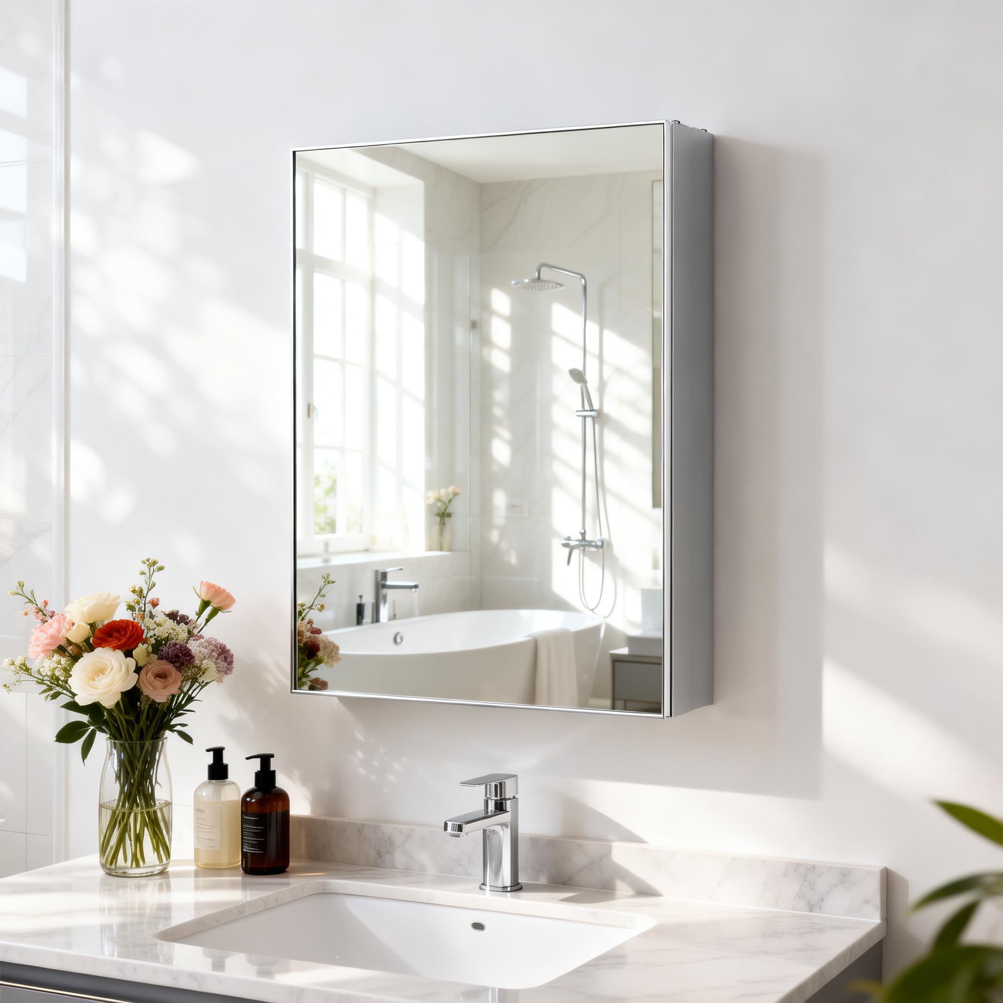 Botiquín de baño de 45 x 60 cm con espejo, marco de aluminio, ligero, resistente y atractivo, apto para empotrar o montar en la pared, estantes ajustables, vidrio templado