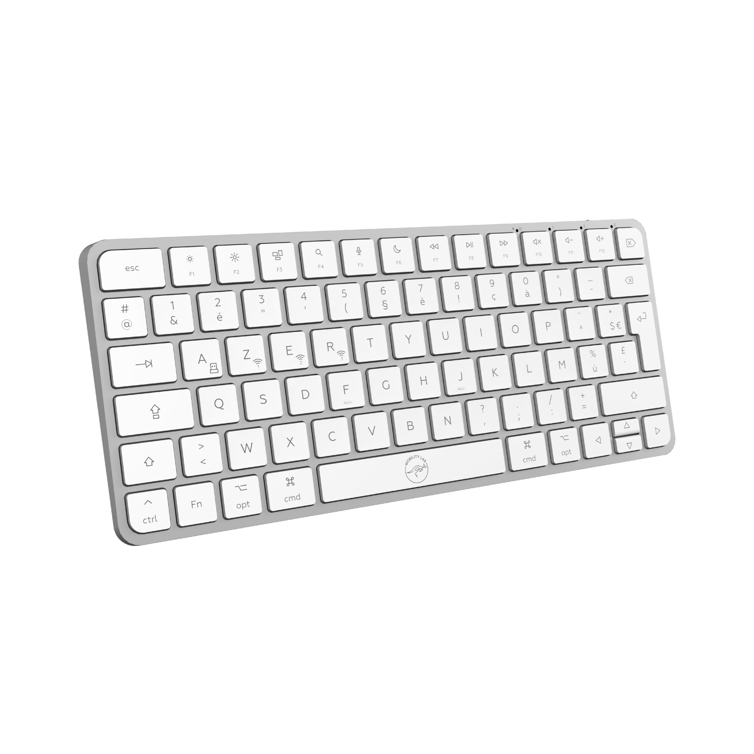 Mobility Lab – KMP2000W Mini – Tastiera Mac Mini Wireless Multi-Connessioni – AZERTY, ricevitore USB 2.4 Ghz + 3 Bluetooth, 12 scorciatoie multimediali, ricarica rapida tramite USB-C – Mac