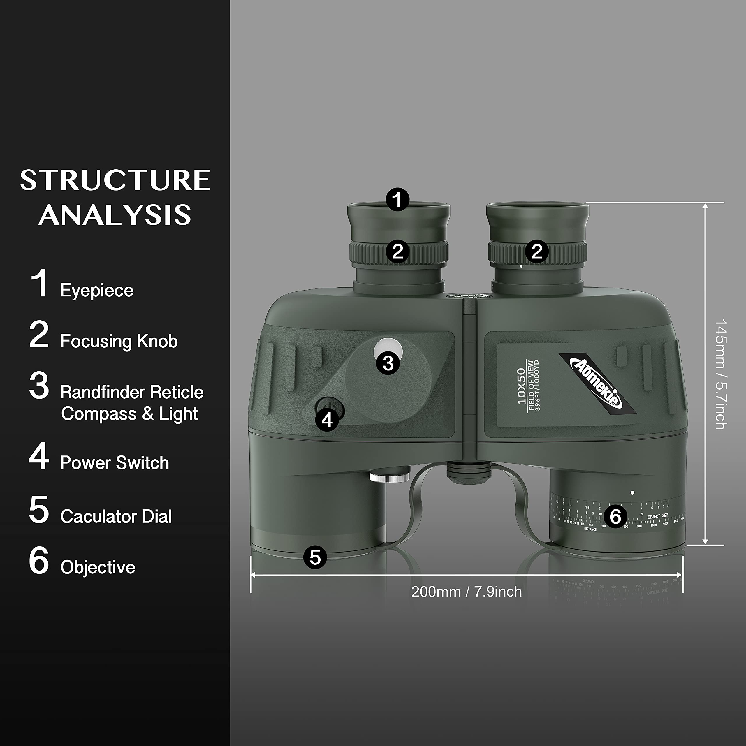 Aomekie Binocolo Professionale 10x50 Impermeabile Militare Professionale Con Bussola Multifunzione Oscillante Adatto Al Bird Watching Caccia Vela Con Tracolla e Pacchetto