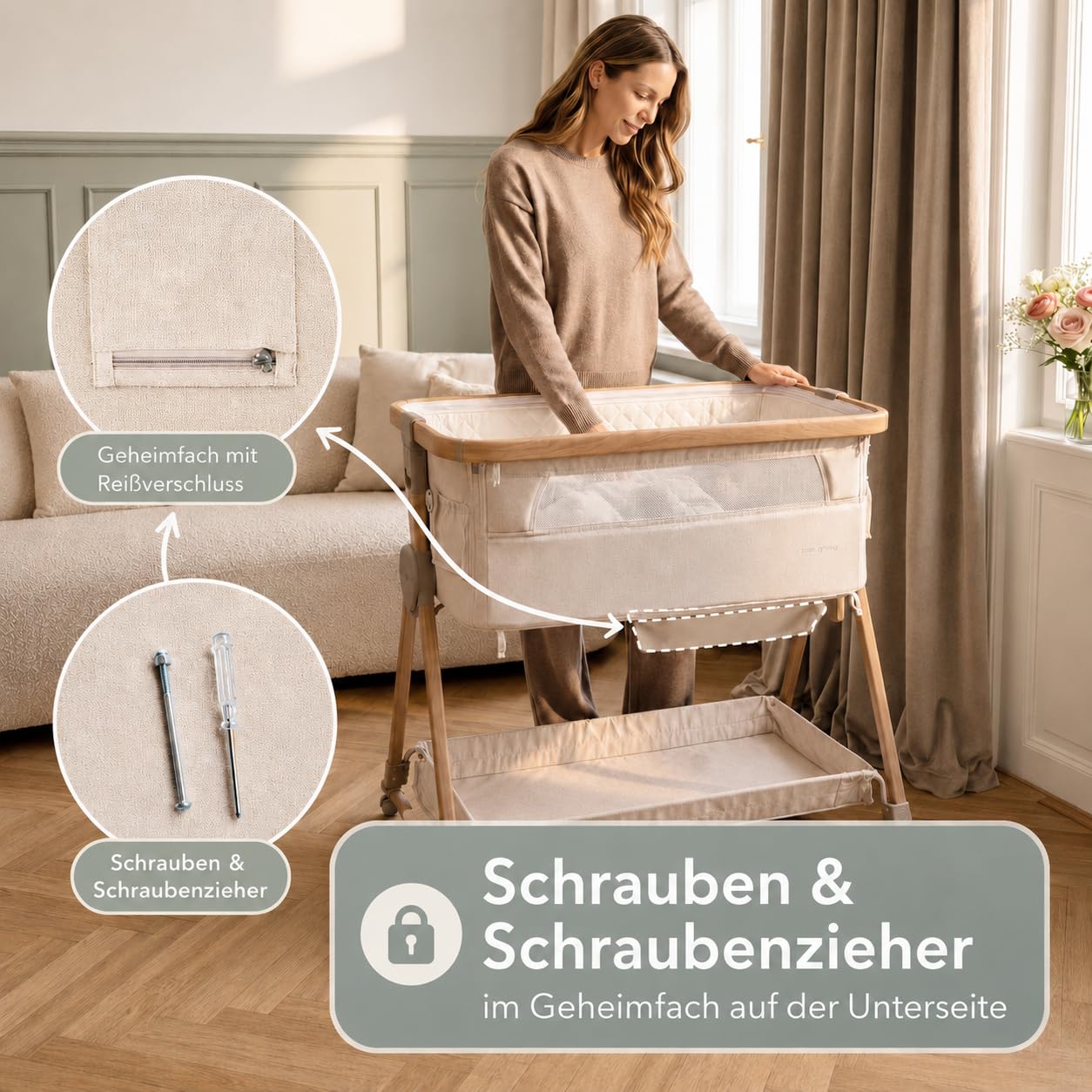 mimi kalu® Beistellbett Baby mit Rollen für Boxspringbett & europäische Standardbetten – 4-in-1 Baby Bett, Stubenwagen, Reisebett & Babywiege – höhenverstellbar