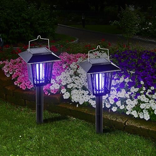 Miniatura 4 de Nuevo y mejorado Zapper alimentado por energía solar, asesino de insectos voladores mejorado, cuelga o estaca en el suelo, lámpara de jardín