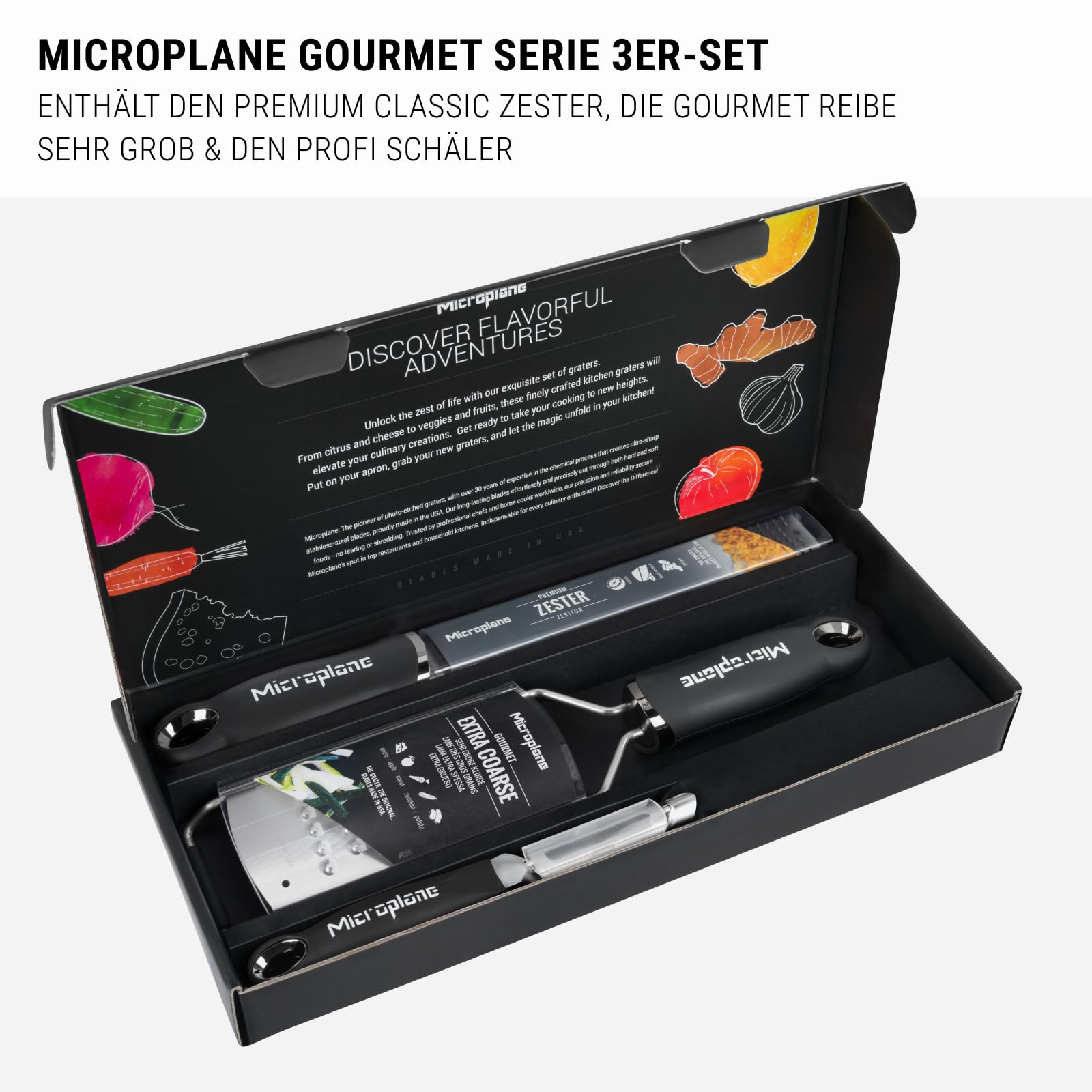 Microplane Gourmet Küchenreibe Set 3-teilig – Premium Zester, Reibe sehr grob & Gemüseschäler | Edelstahl, ultrascharfe Klingen, rutschfester Soft-Touch-Griff, Profi Küchenhelfer