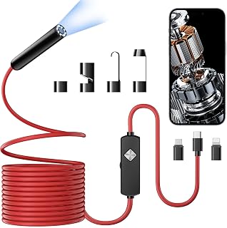 Endoscope with Light, 1920P HD Borescope with 8 Adjustable LED Lights, Semi-Rigid Snake Camera, IP67 Waterproof Inspection Tool (32.8ft, Red + Single Lens Wiring Harness) 1W3