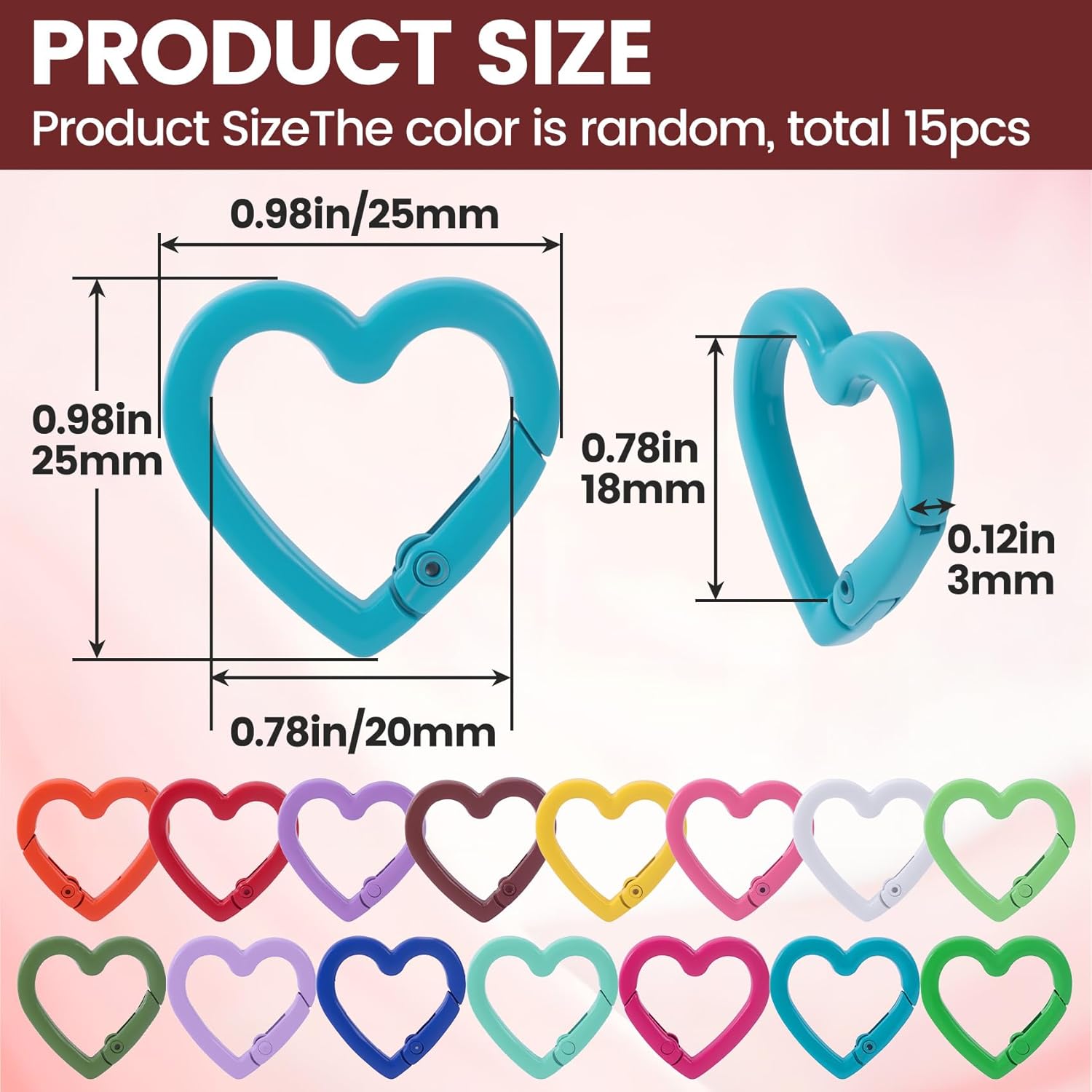 15pcs Heart Spring Clasp Clips, Colorful 25MM Mini Heart Shape Keyring Clips, Metal Love Spring Snap Keychain Rings for Keys, Crafts, Handbags - Image 2