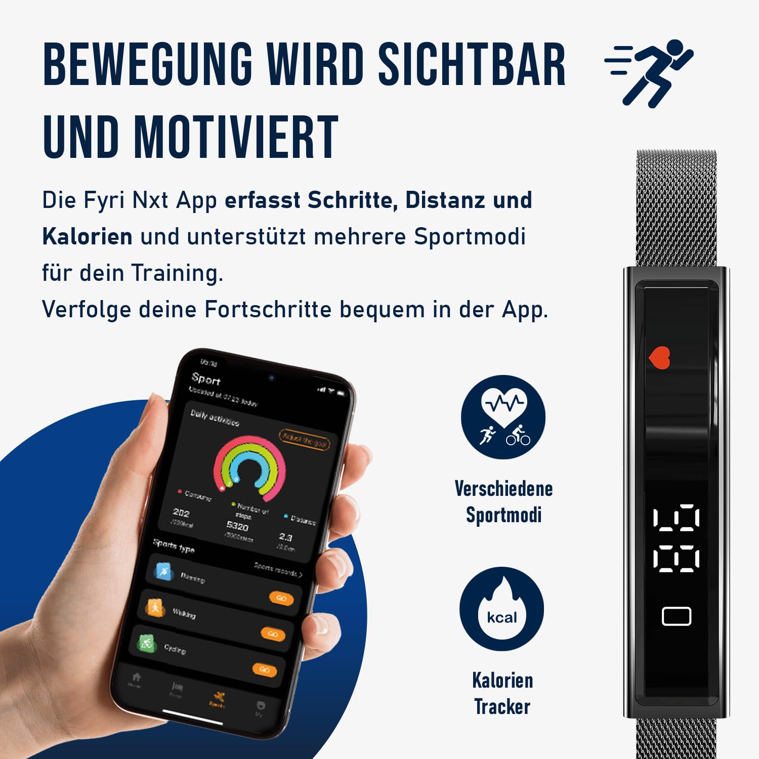 Fontastic Smartband Luxis LED-Display Pulsmesser SpO2 Schlaftracker Schrittzähler BT 5.3 1ATM Metallband Silikonband Roségold