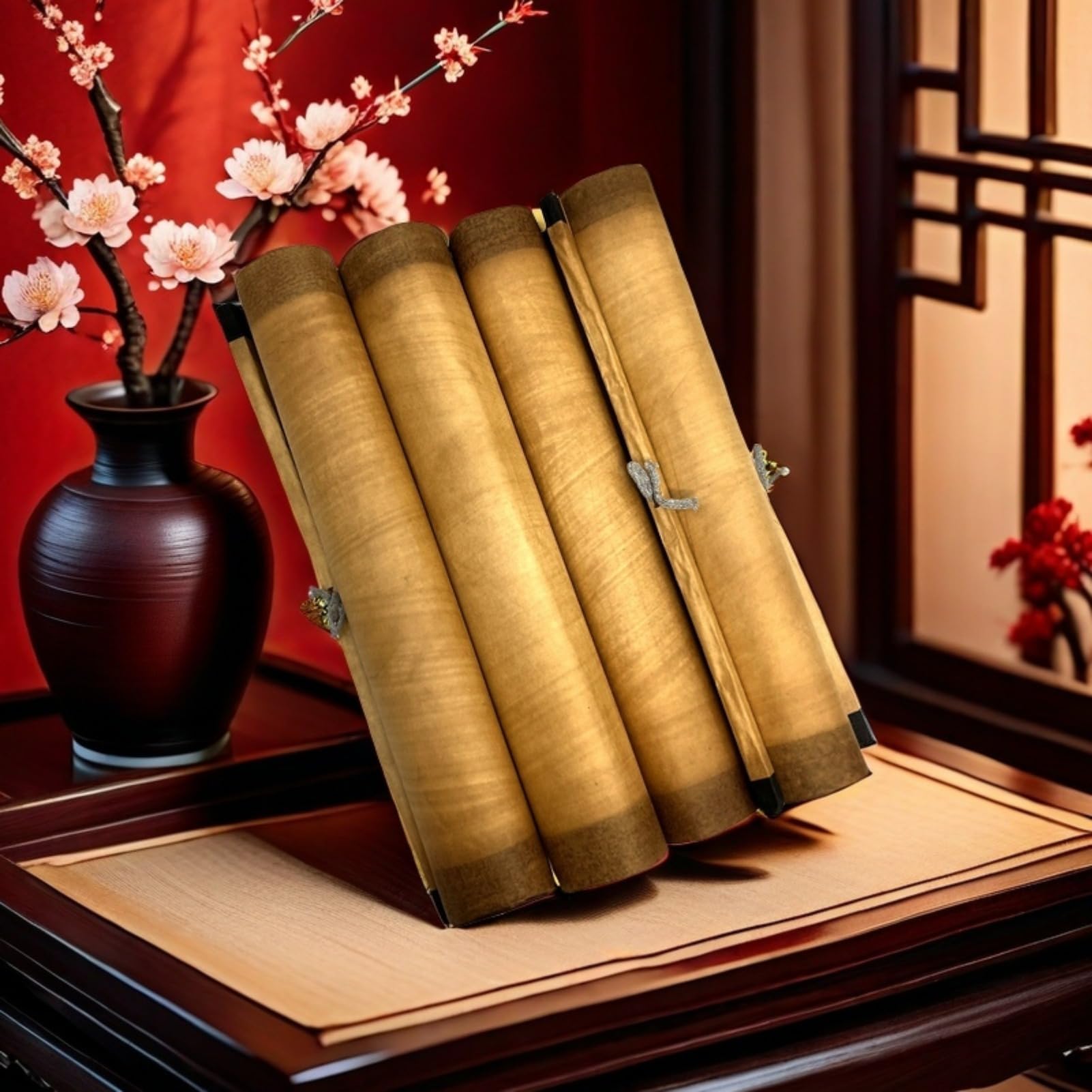 Wall Scroll Hanging Painting Decor, Chinese Traditional Art Set of 4 Vintage Flower Paintings Ancient Painting Replica, Plum Orchid Bamboo Chrysanthemum