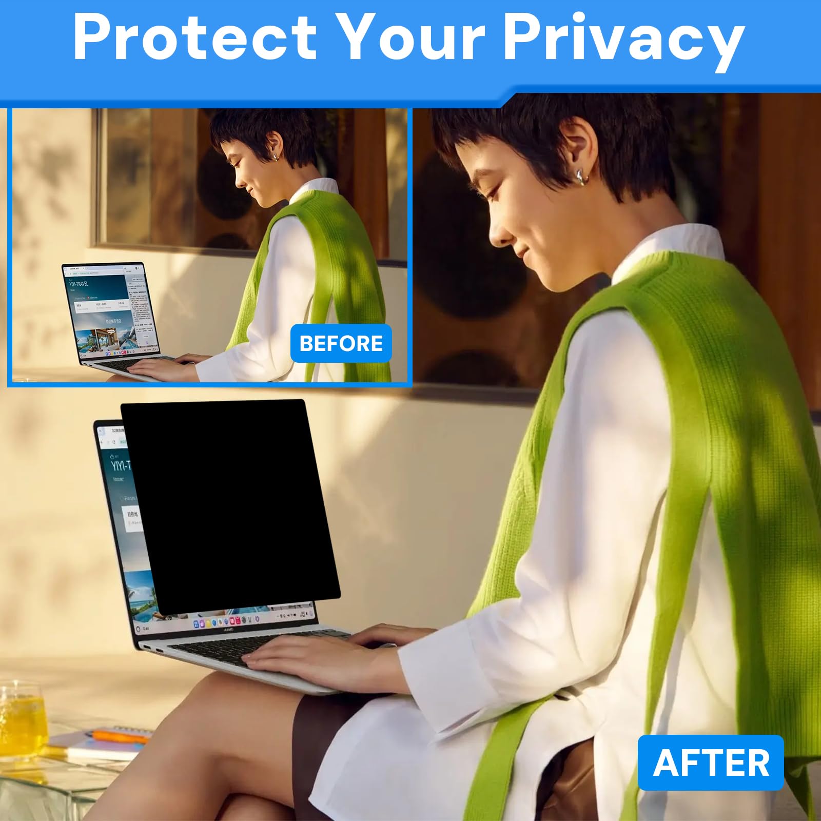 Pellicola protettiva per laptop 14 pollici, 16:10, filtro privacy e protezione antiriflesso, filtro luce blu, rimovibile