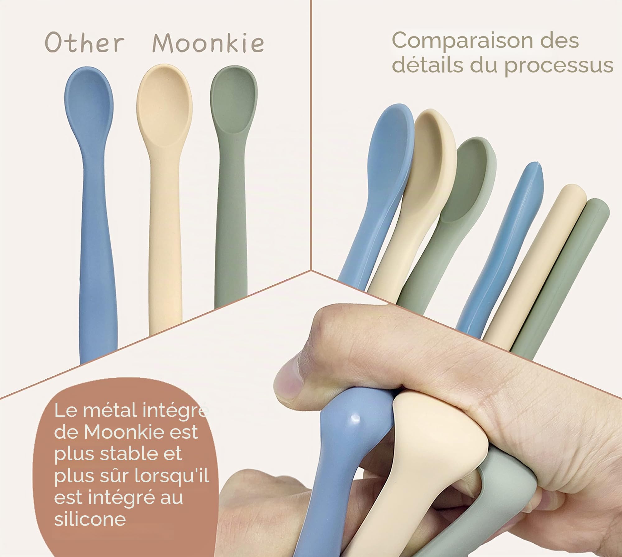Moonkie Set Repas Bébé, 4 Cuillères Souples & 2 Assiettes À Ventouse Avec Fourchette, Cuillère Et Couvercle