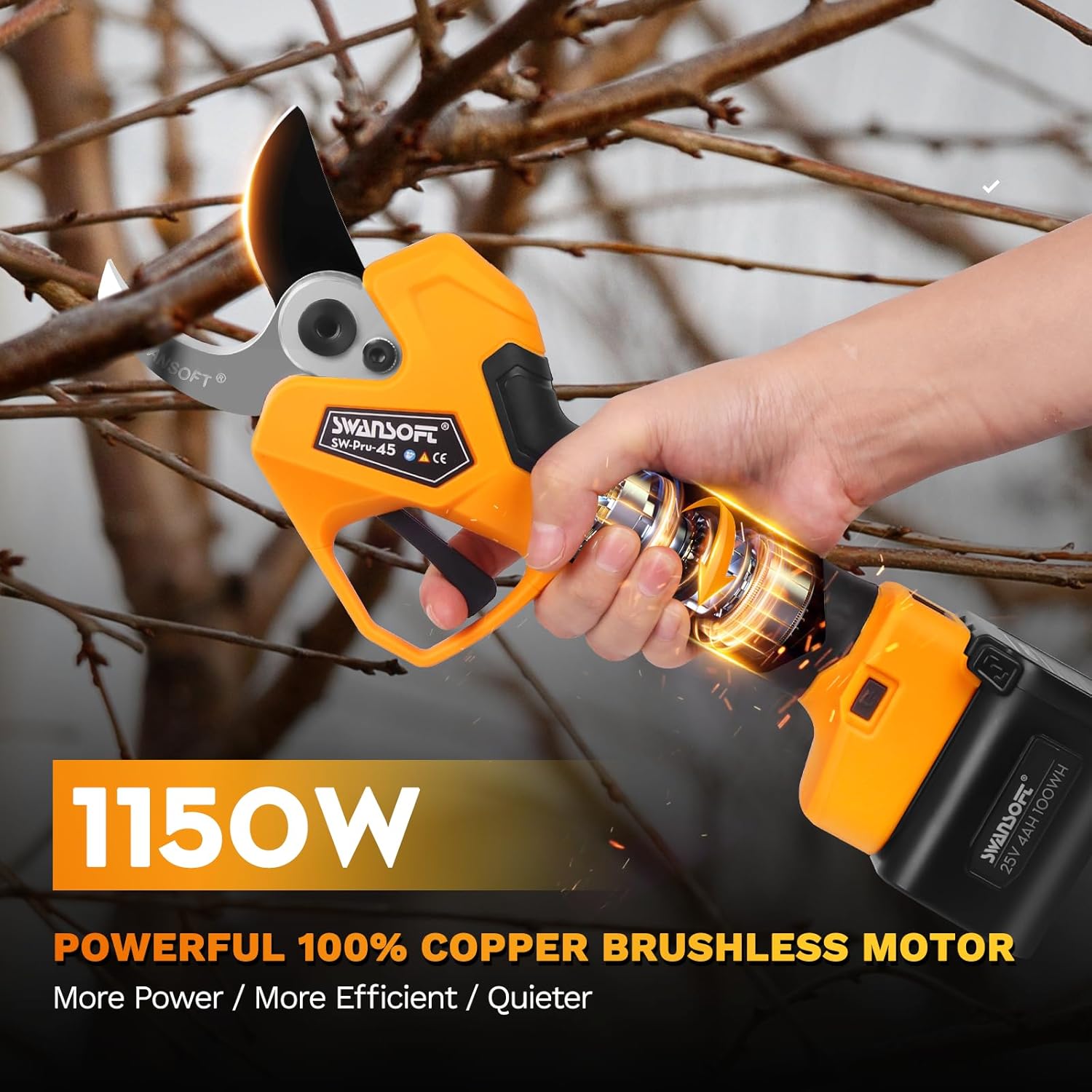 SWANSOFT Electric Pruning Shears, 45mm 1.77'' Cutting Diameter Cordless Electric Pruners Shears Battery Powered, 1150W Tree Branch Pruner with 2Pack 4Ah Rechargable Batteries(Yellow)