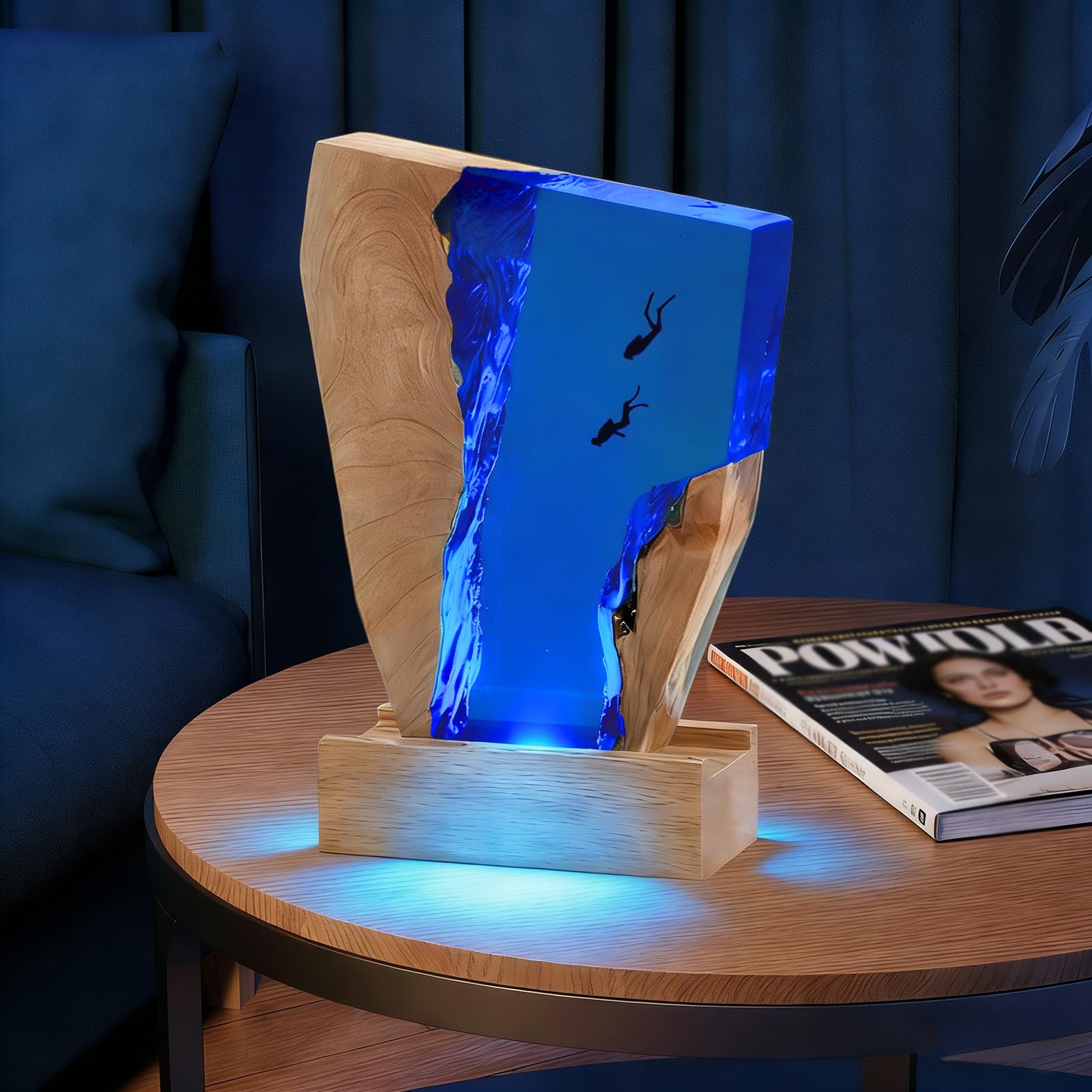 Luce Notte Resina, Luce Lampada Notturna 3D Oceano in Resina, Lampada Oceanica LED Subacqueo Base in Legno, Epossidica Paesaggio Sottomarino, Decorazion per Cameretta Soggiorno Ufficio