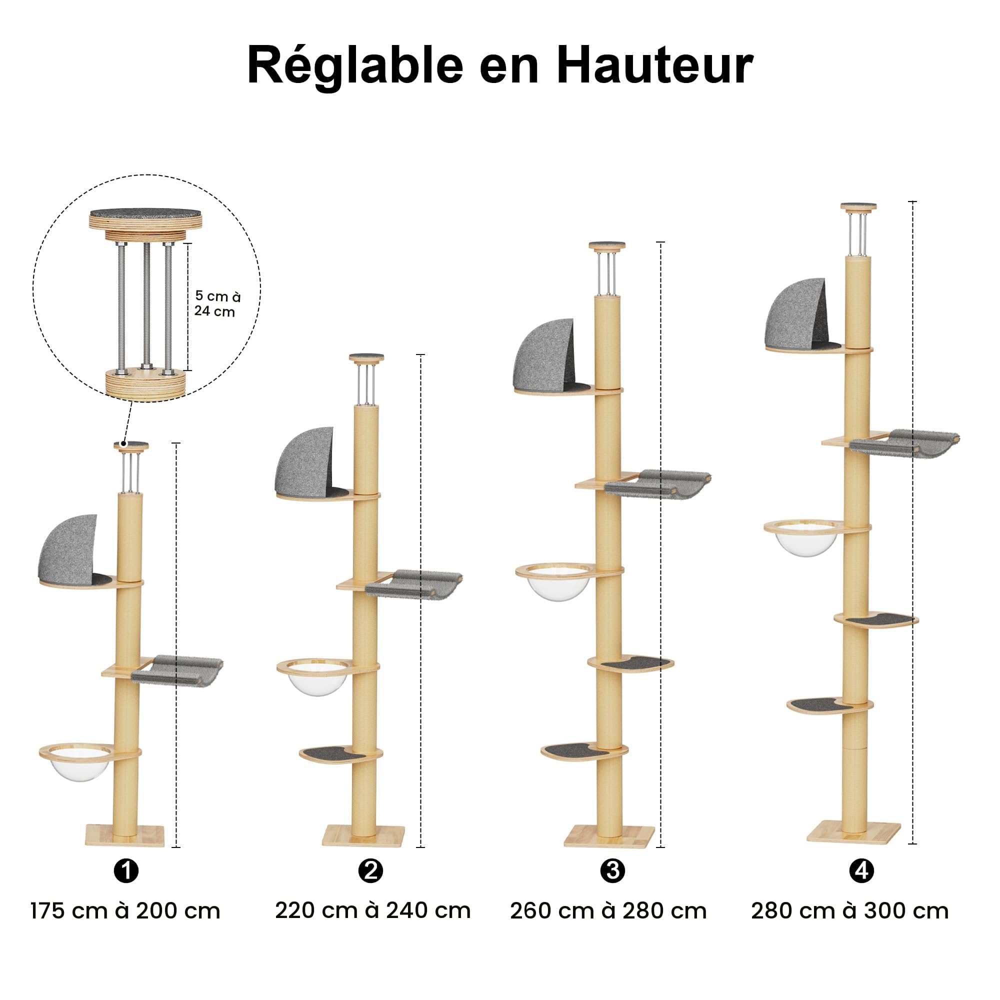FUKUMARU Arbre à Chat du Sol au Plafond, Tour d'escalade à 6 Niveaux de Hauteur Réglable avec Griffoirs Épais, Centre d'Activité pour Chat avec Capsule Transparente et Hamac Douillet