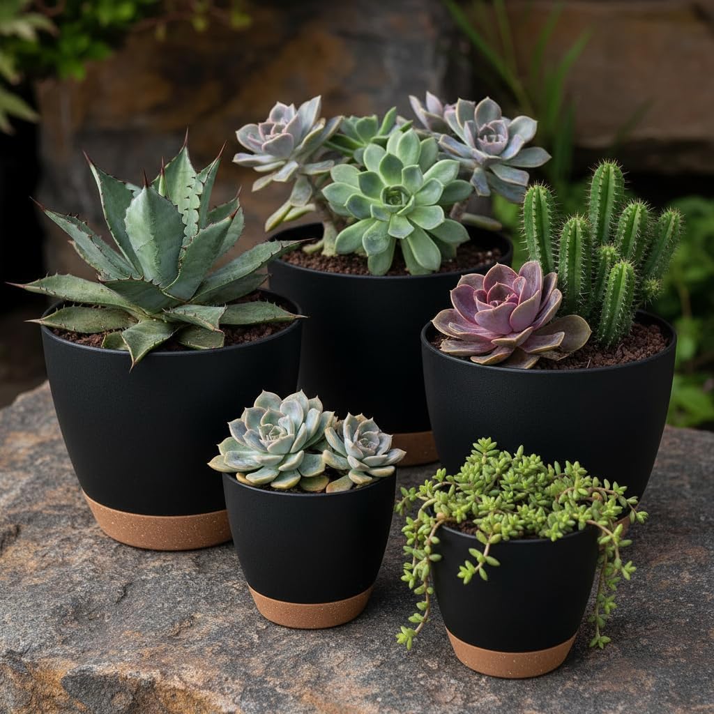 LIFFY Plant Pots, 8,7.5,7,6.5,6,5.5,5 Inch Plastic Self Watering Planters with Drainage Holes & Saucers, 7-Pack Black Nursery Planting Pot with Deep Reservoir for Indoor Outdoor Plants