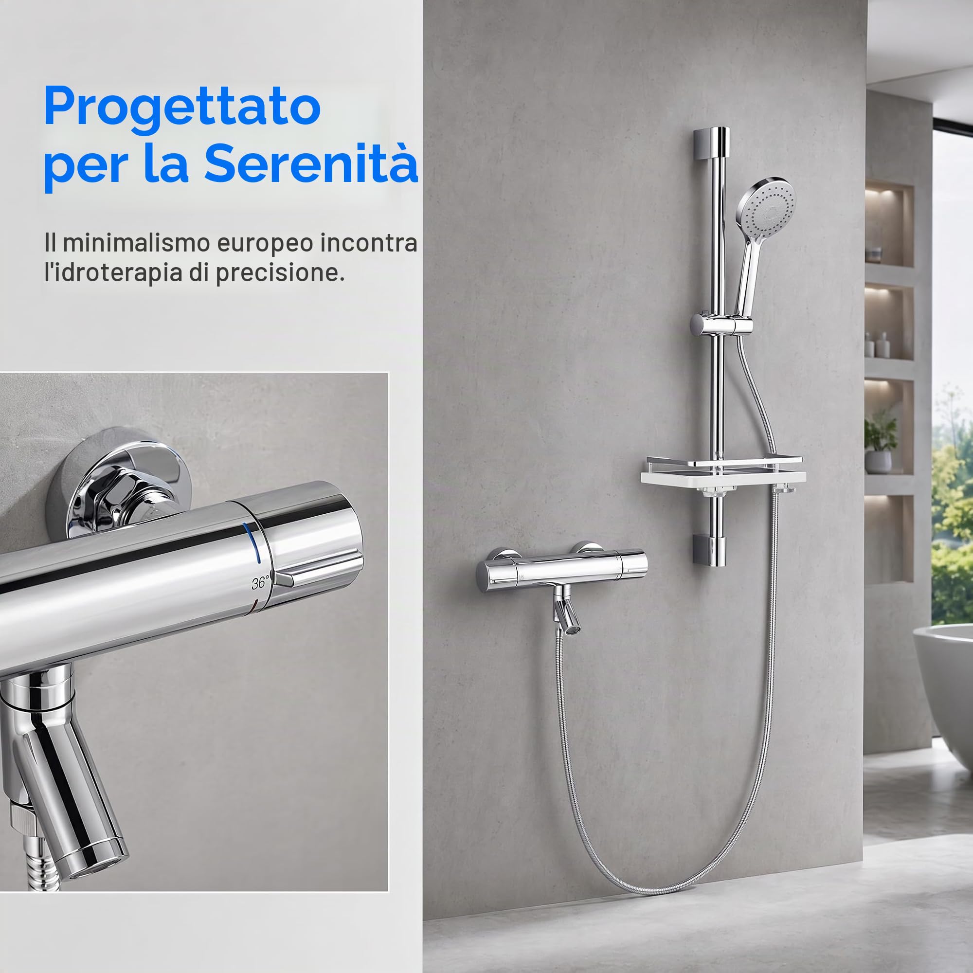 Rubinetto vasca da bagno Miscelatore Termostatico Doccia 38℃ Cromato | Vasca da Bagno Doccia Termostato G 1/2" Rubinetto Doccia a due Uscite Rubinetto doccia Termostatico in Ottone