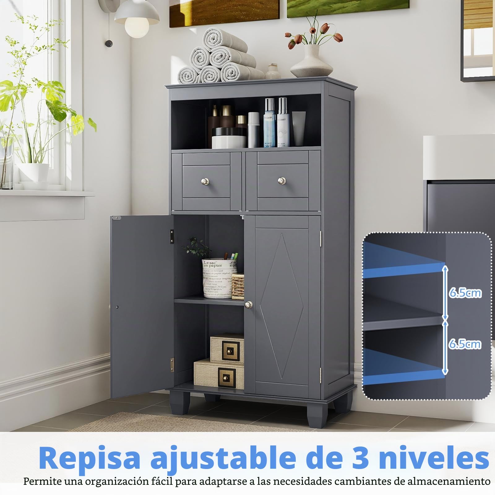 LIFEZEAL Mueble de baño para Ahorrar Espacio, Mueble de baño de Suelo, 56 x 30 x 108 cm, Moderno, con 2 cajones y 2 Puertas, Compartimento Abierto, Armario autoportante, Madera, para salón (Gris)