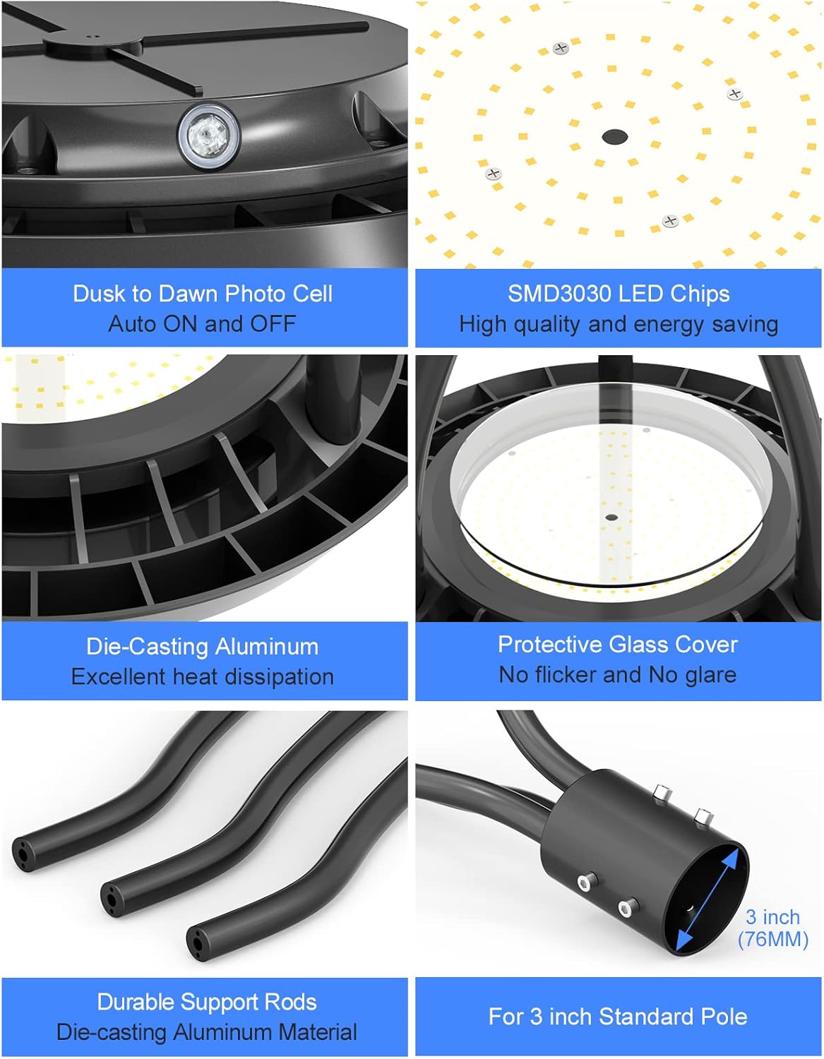 150W LED Post Top Light ETL&DLC Listed 21000Lm LED Post Pole Top Light Dusk to Dawn IP65 Waterproof for Outdoor Commercial Pole Light Fixture AC100-277V