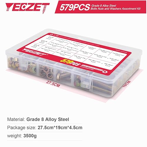 Miniatura 3 de YEEZET Kit de 579 arandelas de pernos y tuercas de alta resistencia de grado 8, 14-20 516-18 38-16 tornillos hexagonales, incluye 15 tamaños más