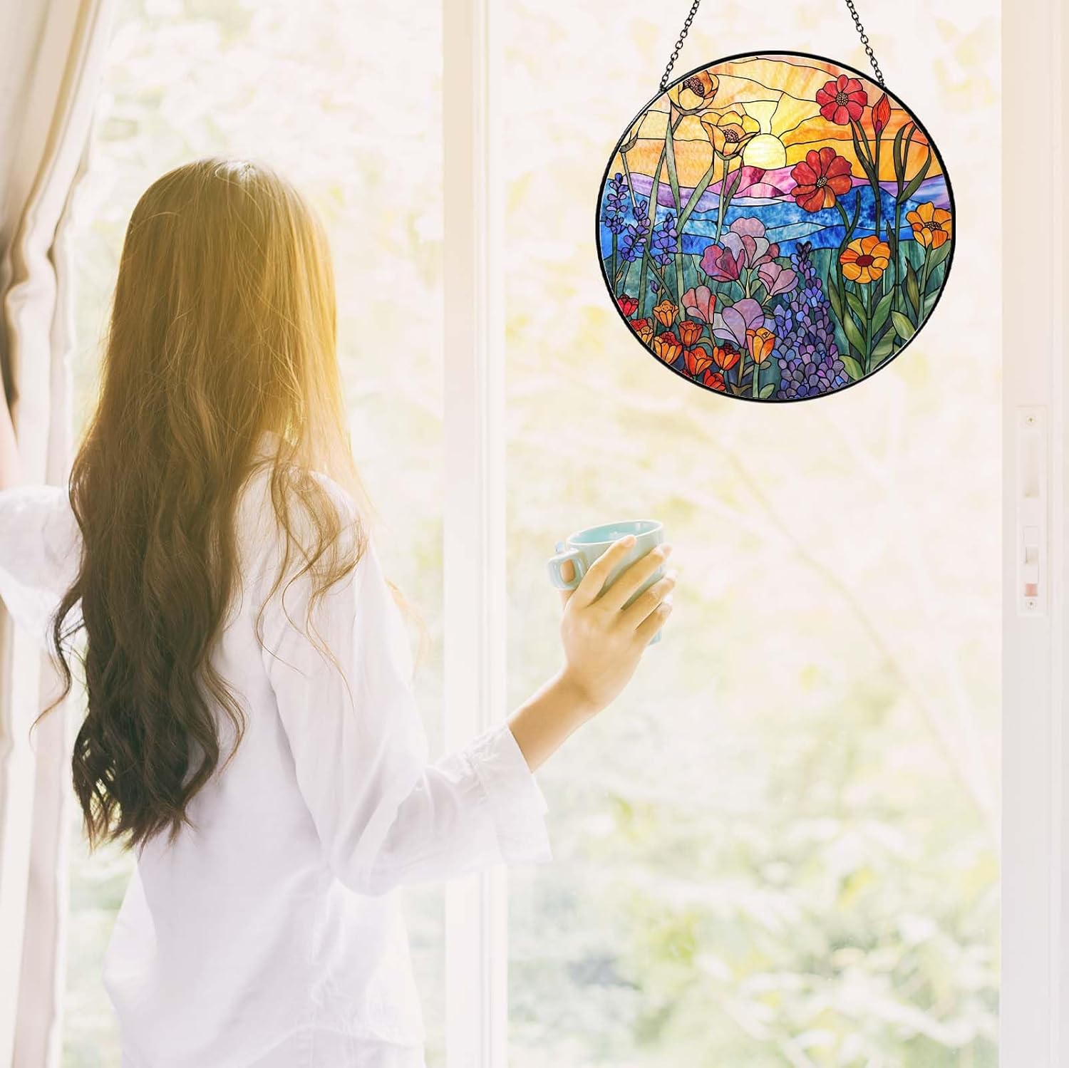 Wildflowers Stained Glass Suncatcher Hanging Window Decor, Colorful Sun Catcher for Indoor Window, Unique Gift for Women Mom Birthday Christmas Home Decoration, 7.87in