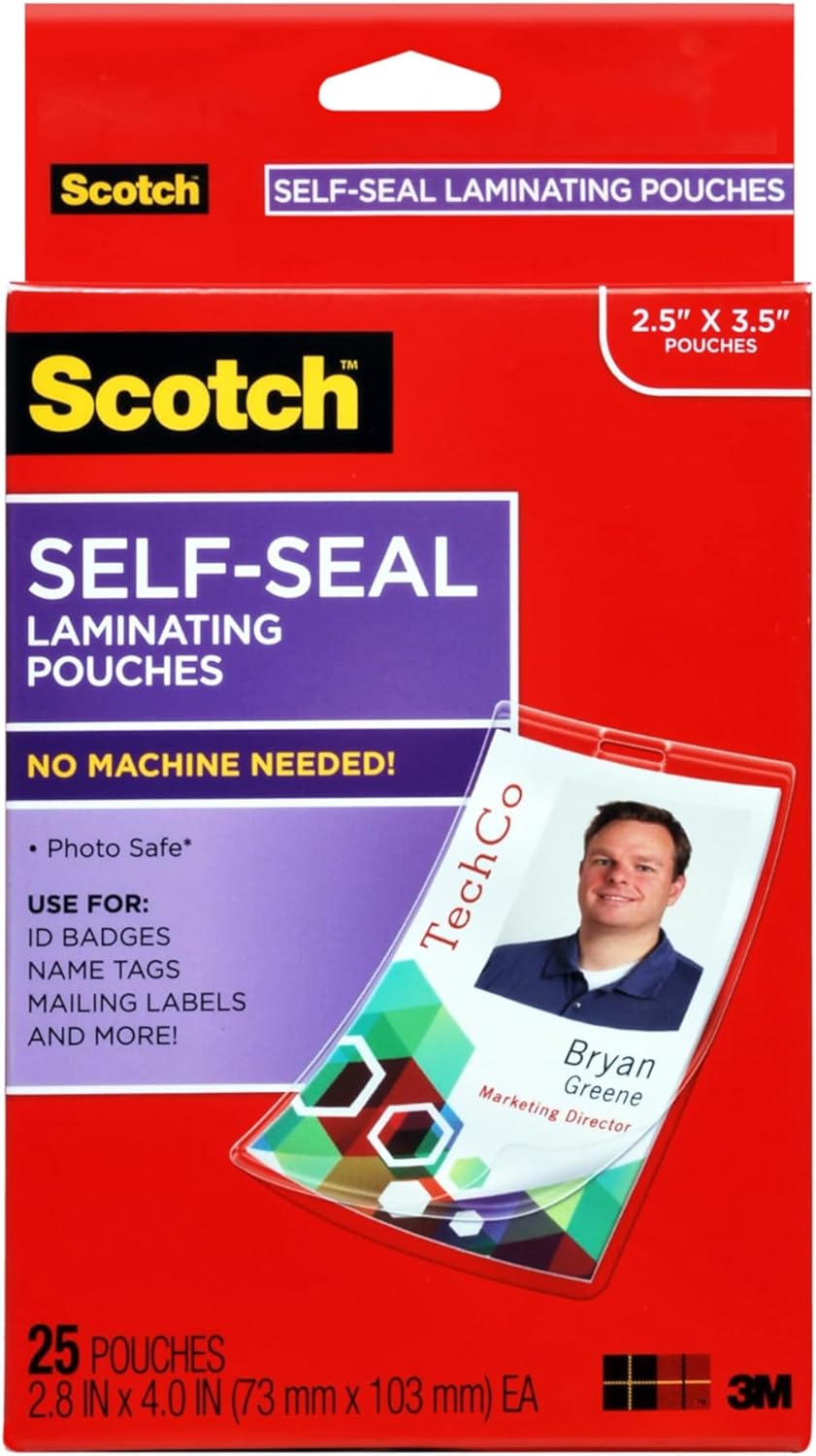 Scotch Self-Sealing Laminating Pouches, ID Card Size 2.8″ x 4″, 25-Pack – No Machine Needed, Waterproof & Tear-Resistant