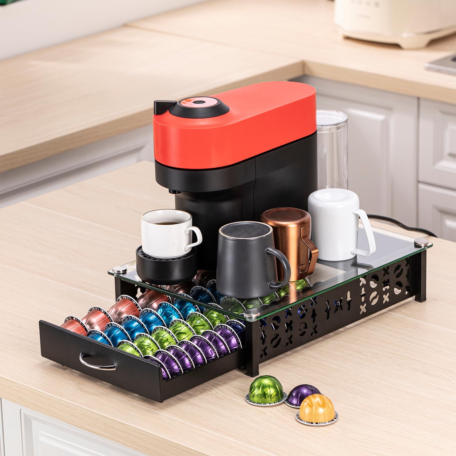 ZCDCP Soporte para cápsulas Nespresso, soporte para cápsulas Vertuo, cajón superior de cristal, organizador de cápsulas de café (capacidad de 40 cápsulas)