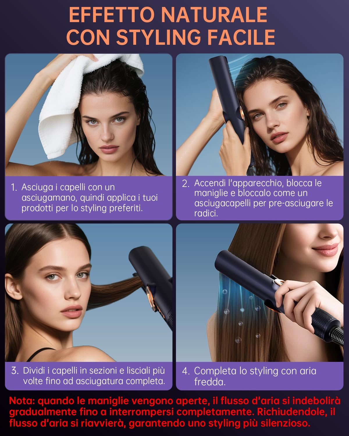Air Piastra lisciante per capelli, 200 m, agli ioni di plasma, bagnata e asciutta, senza piastre riscaldanti, senza danni al calore, lisciatura con aria, piastra ad aria per acconciatura (Blu navy)