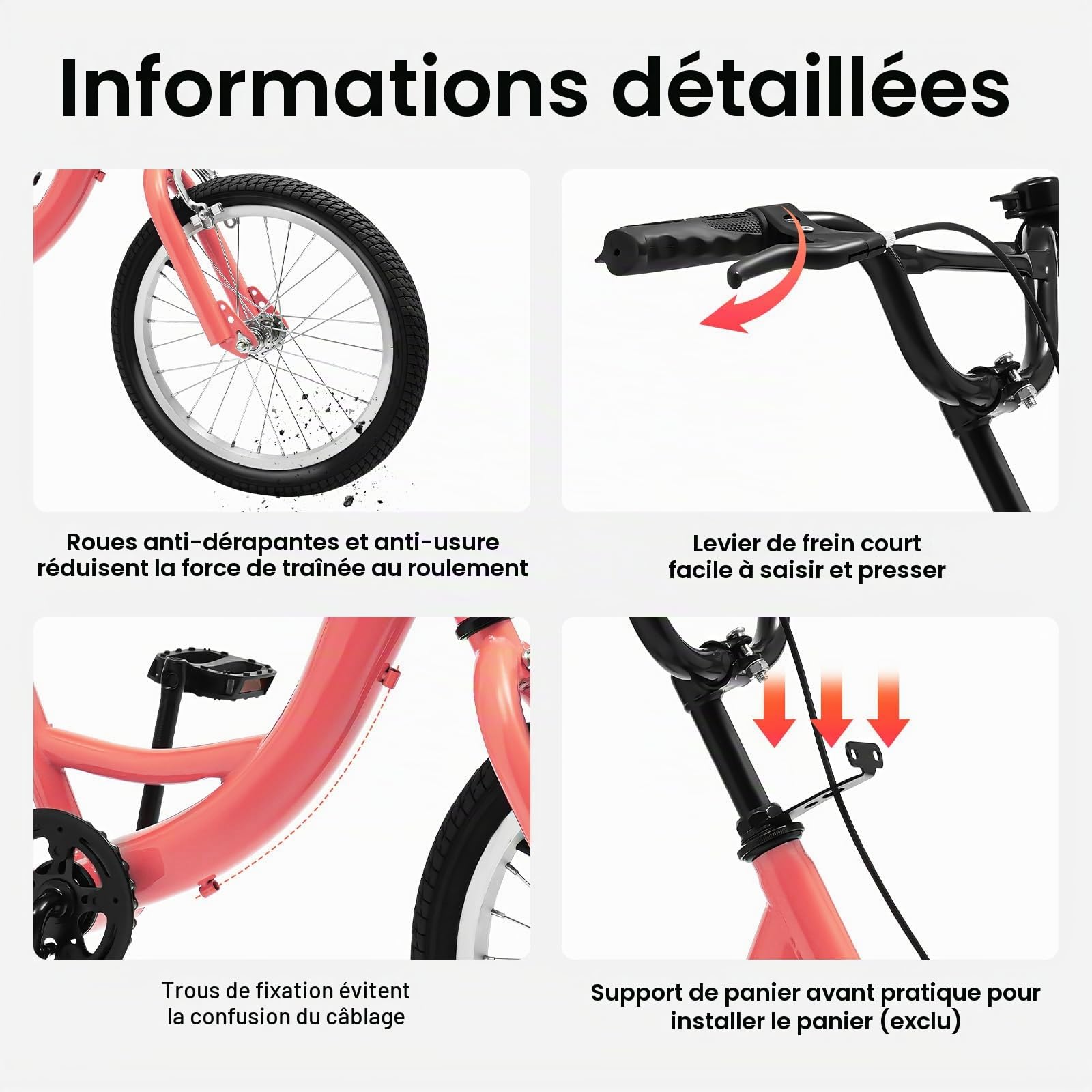 Tricycle pour enfant de 16 ", 3 roues avec grand panier, vélo à vitesse unique avec panier pour filles et garçons de 7 à 10 ans (orange clair)